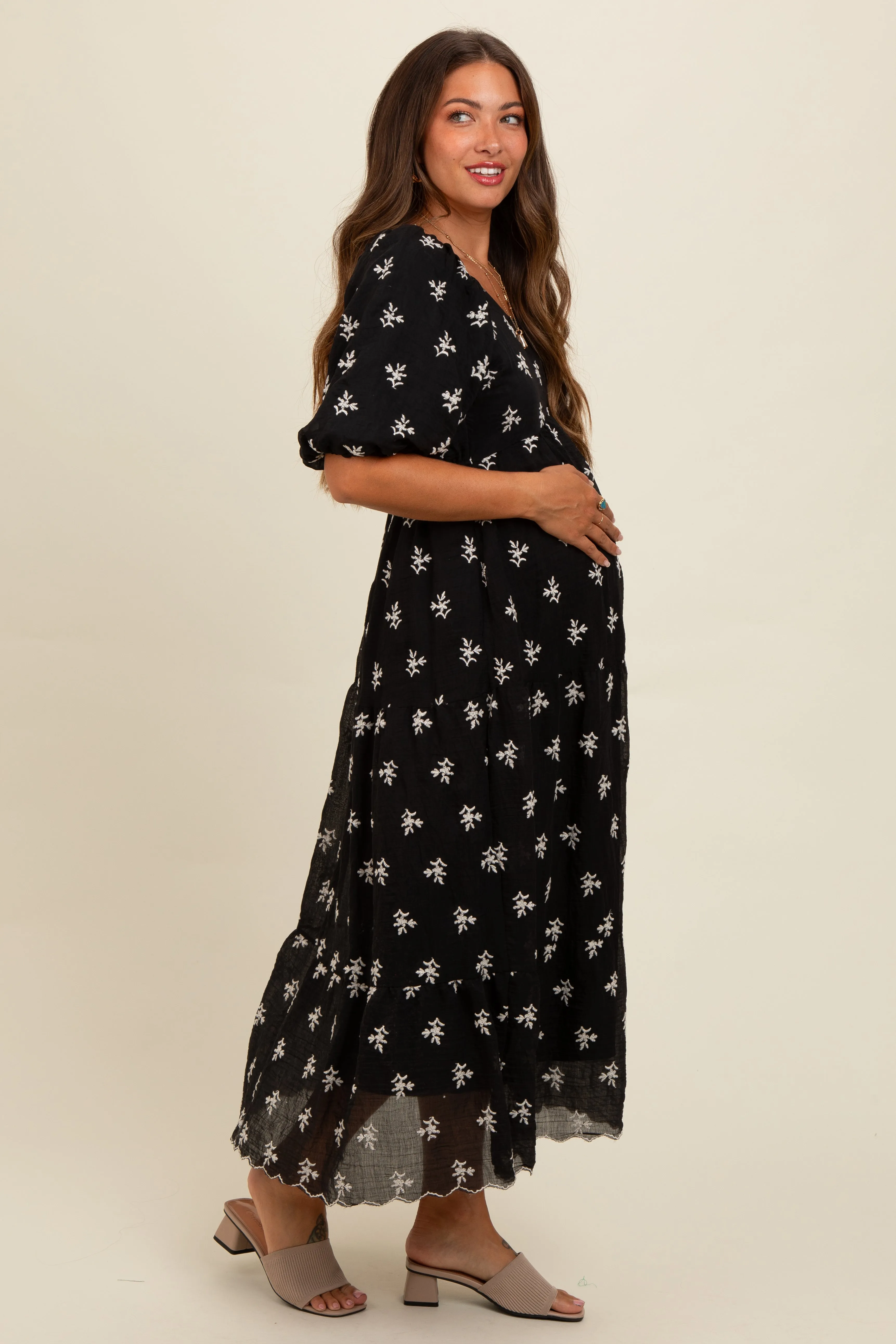 Black Floral Puff Sleeve Maternity Midi Dress sold by Pinkblush product image thumbnail 3