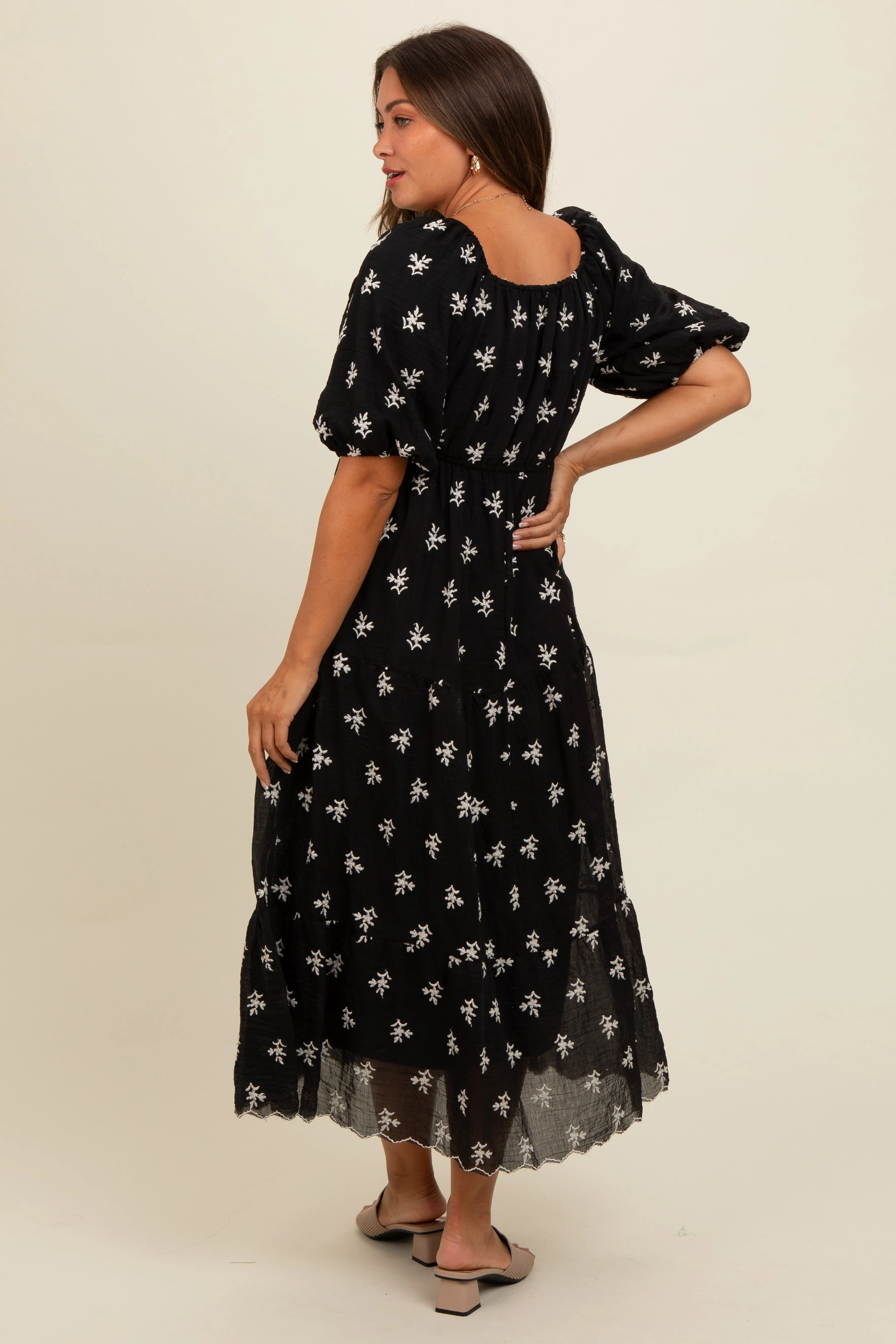Black Floral Puff Sleeve Maternity Midi Dress sold by Pinkblush product image thumbnail 4