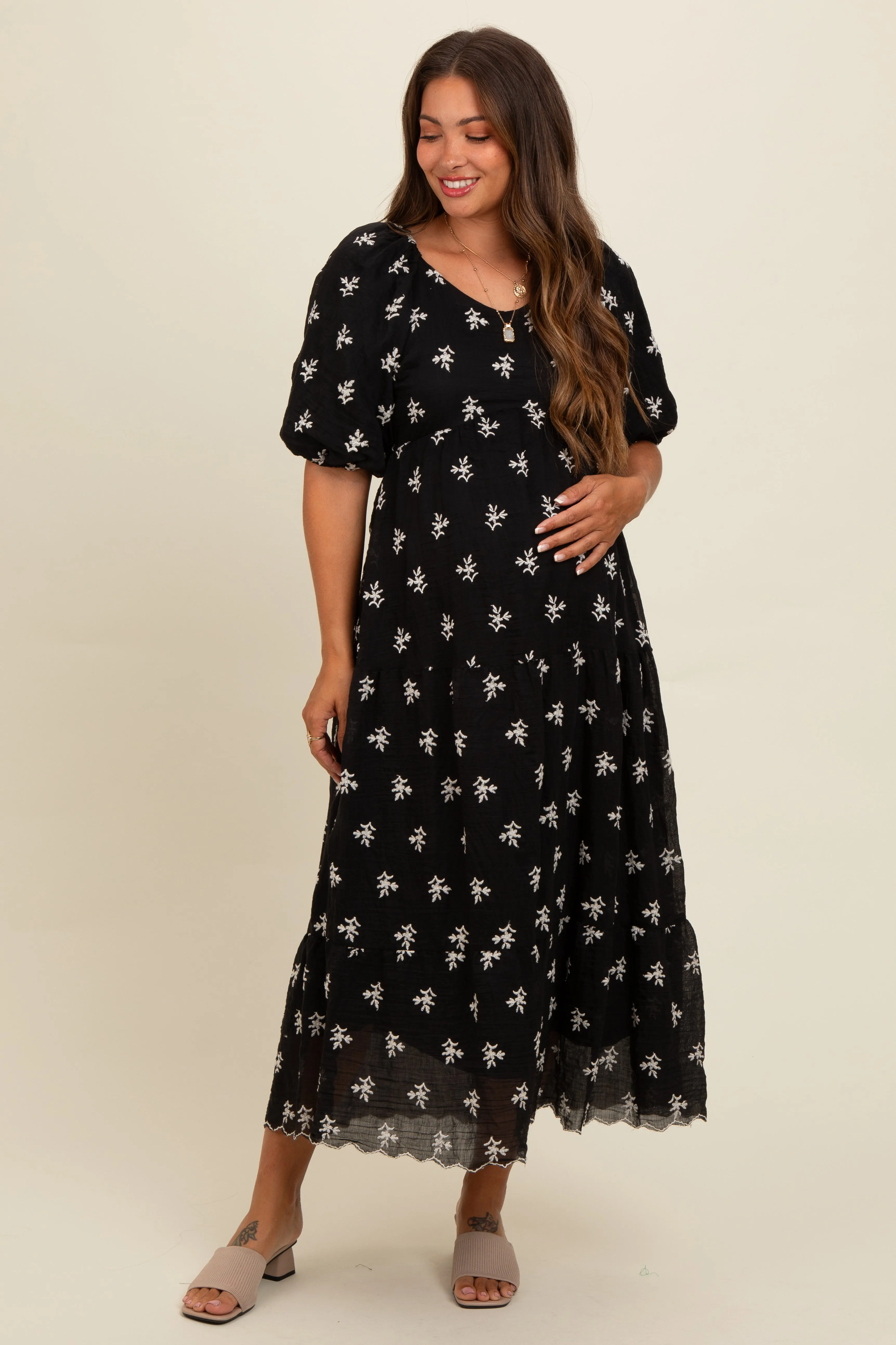 Black Floral Puff Sleeve Maternity Midi Dress sold by Pinkblush