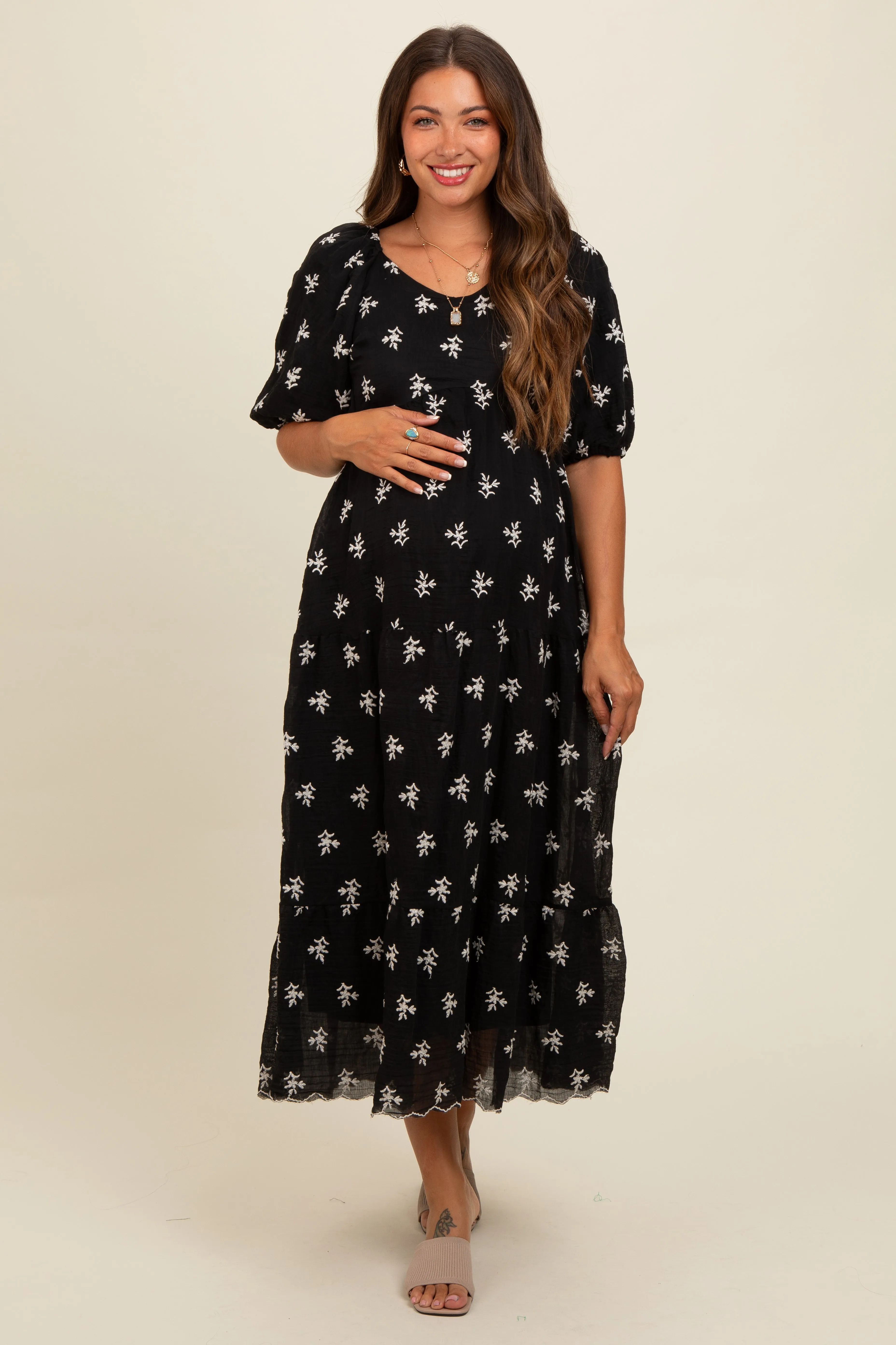 Black Floral Puff Sleeve Maternity Midi Dress sold by Pinkblush product image thumbnail 2