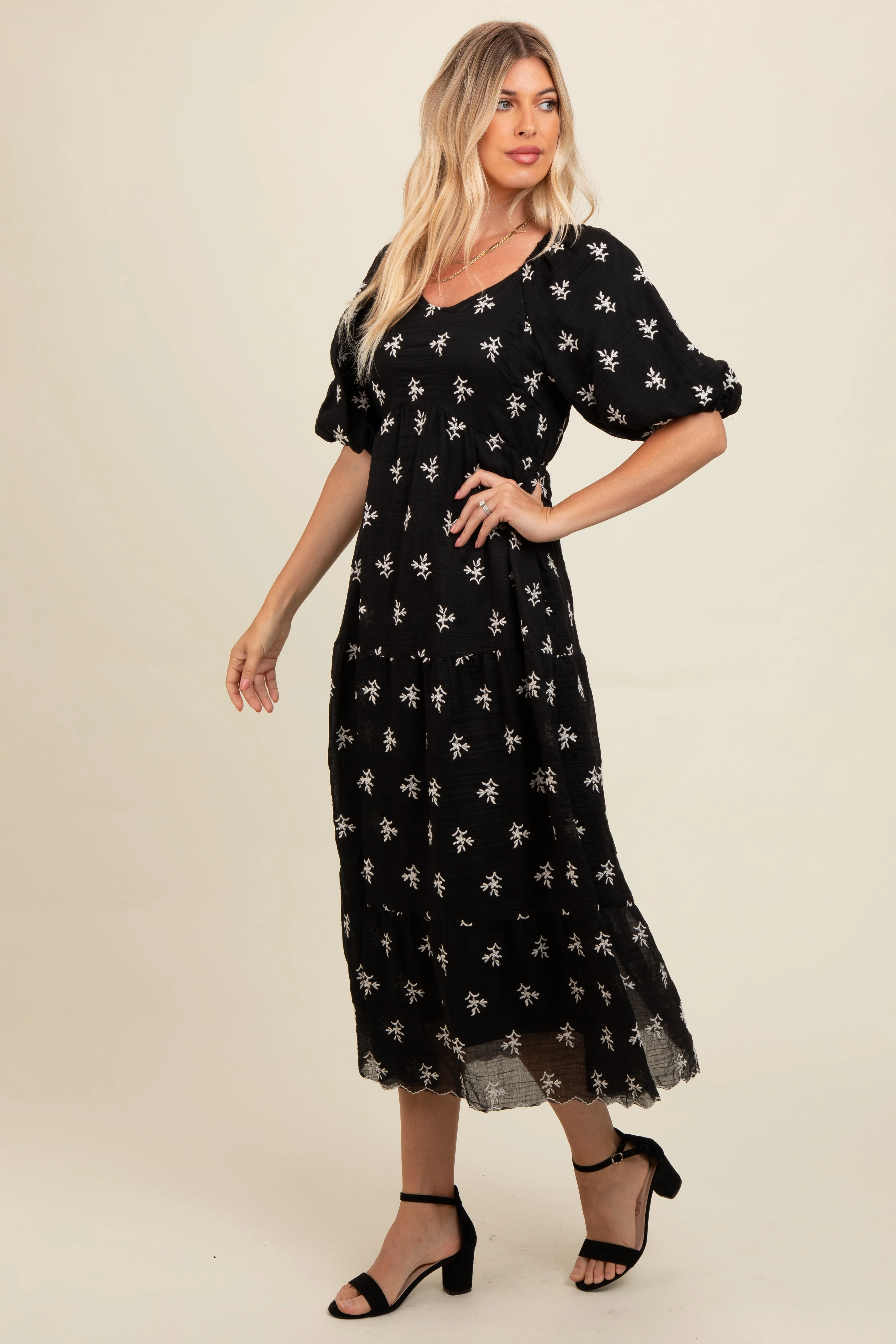 Black Floral Puff Sleeve Midi Dress sold by Pinkblush product image thumbnail 2