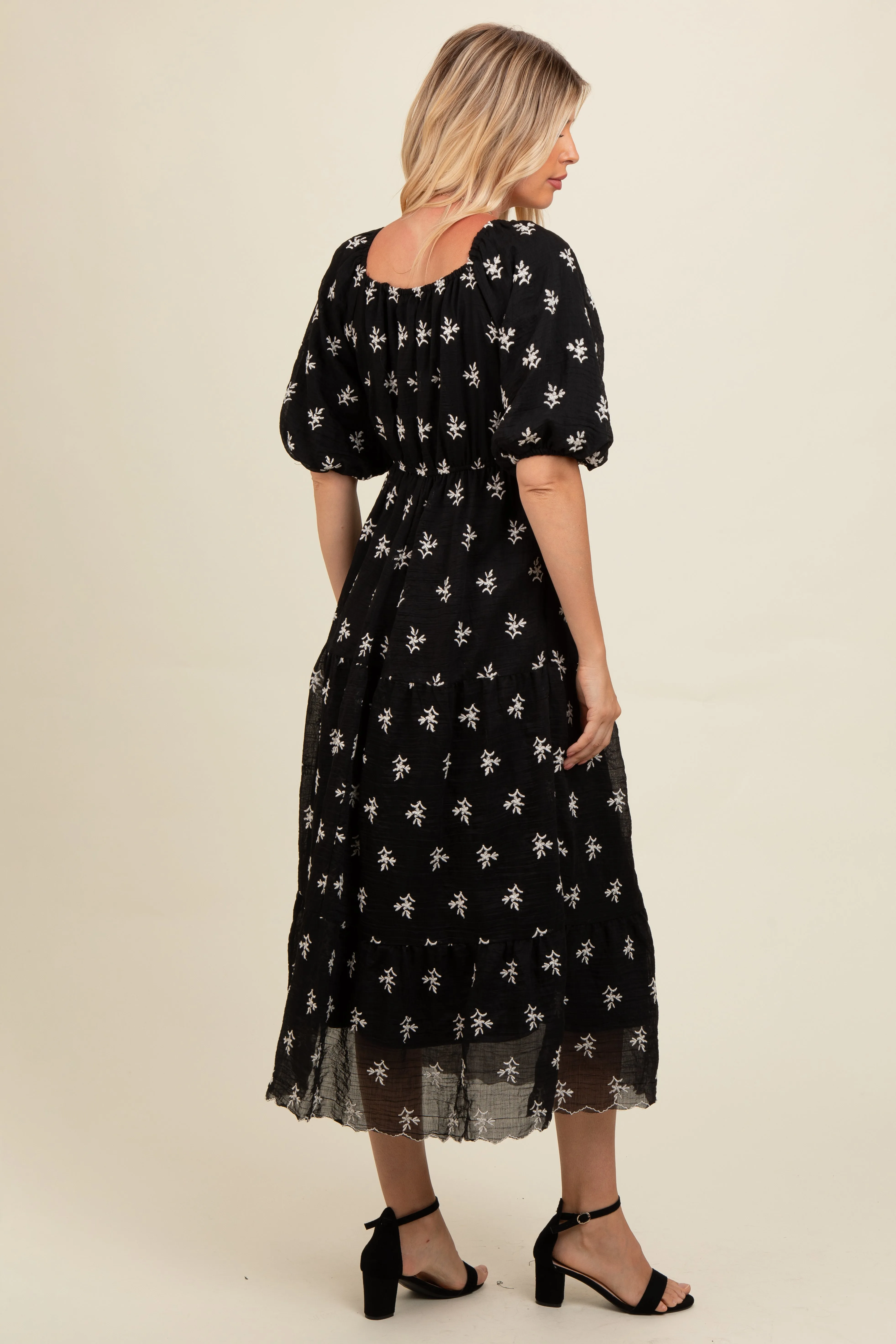 Black Floral Puff Sleeve Midi Dress sold by Pinkblush product image thumbnail 3