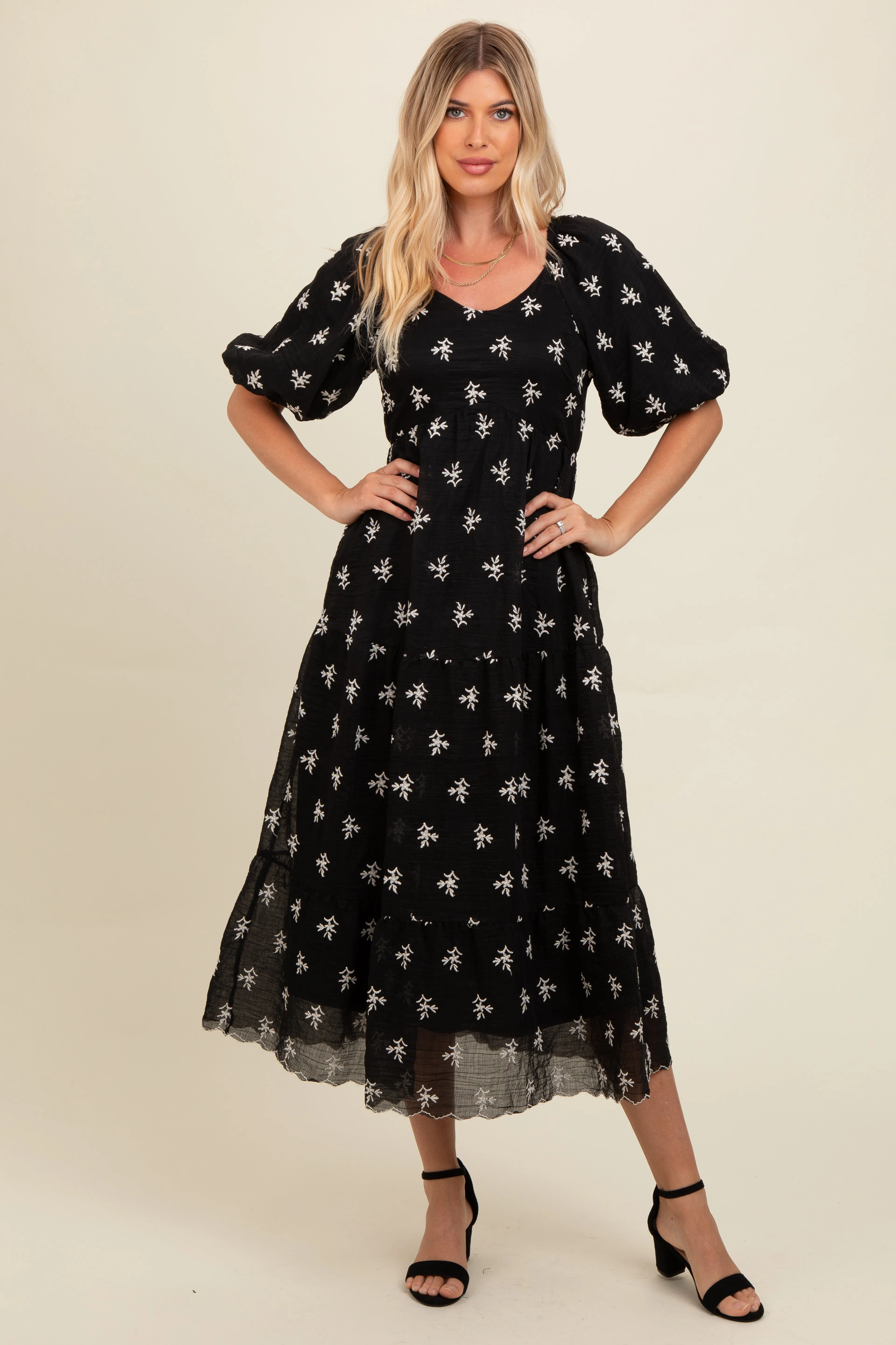 Black Floral Puff Sleeve Midi Dress sold by Pinkblush