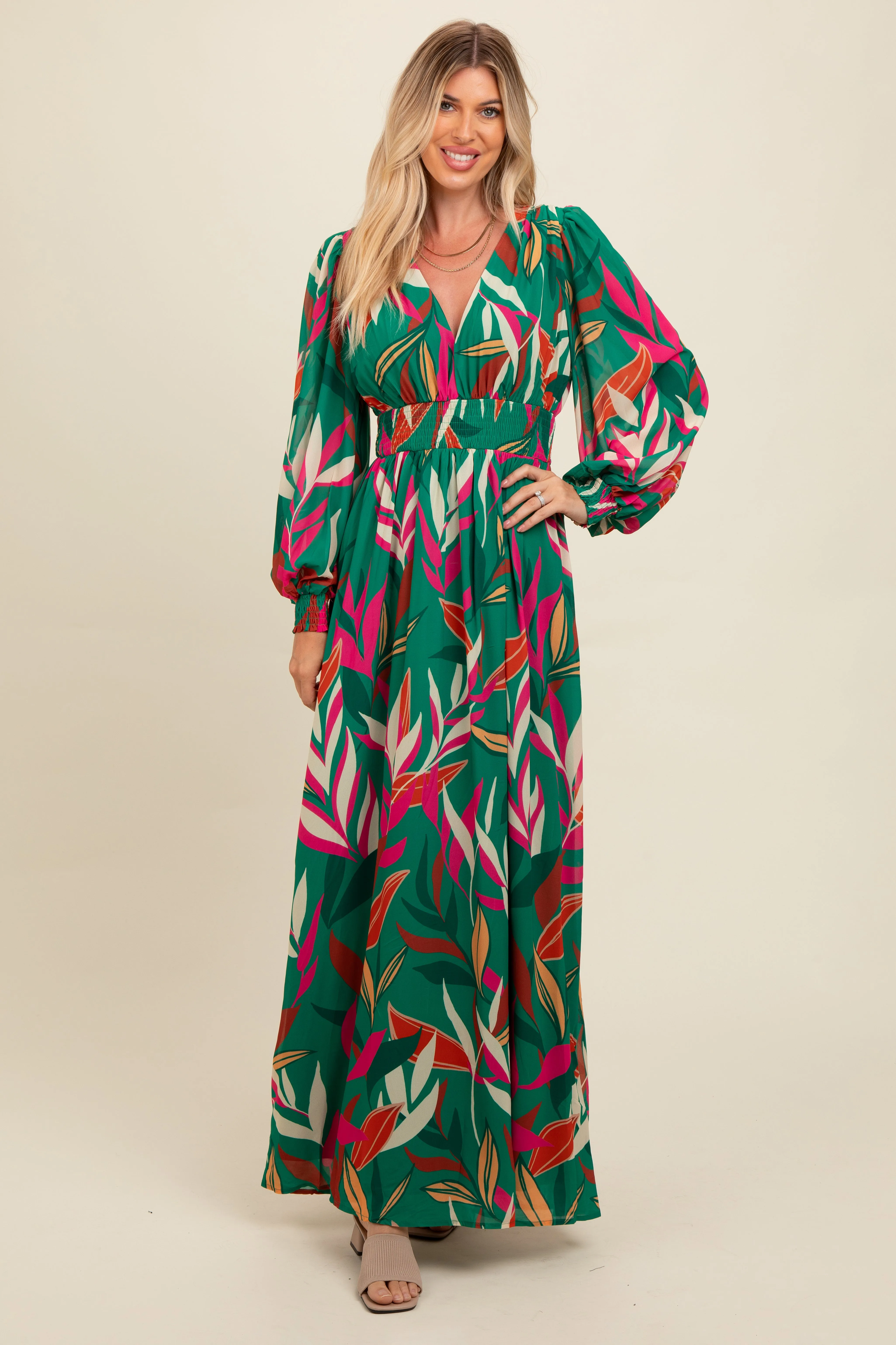 Forest Green Leaf Print Deep V-Neck Maxi Dress sold by Pinkblush product image thumbnail 2