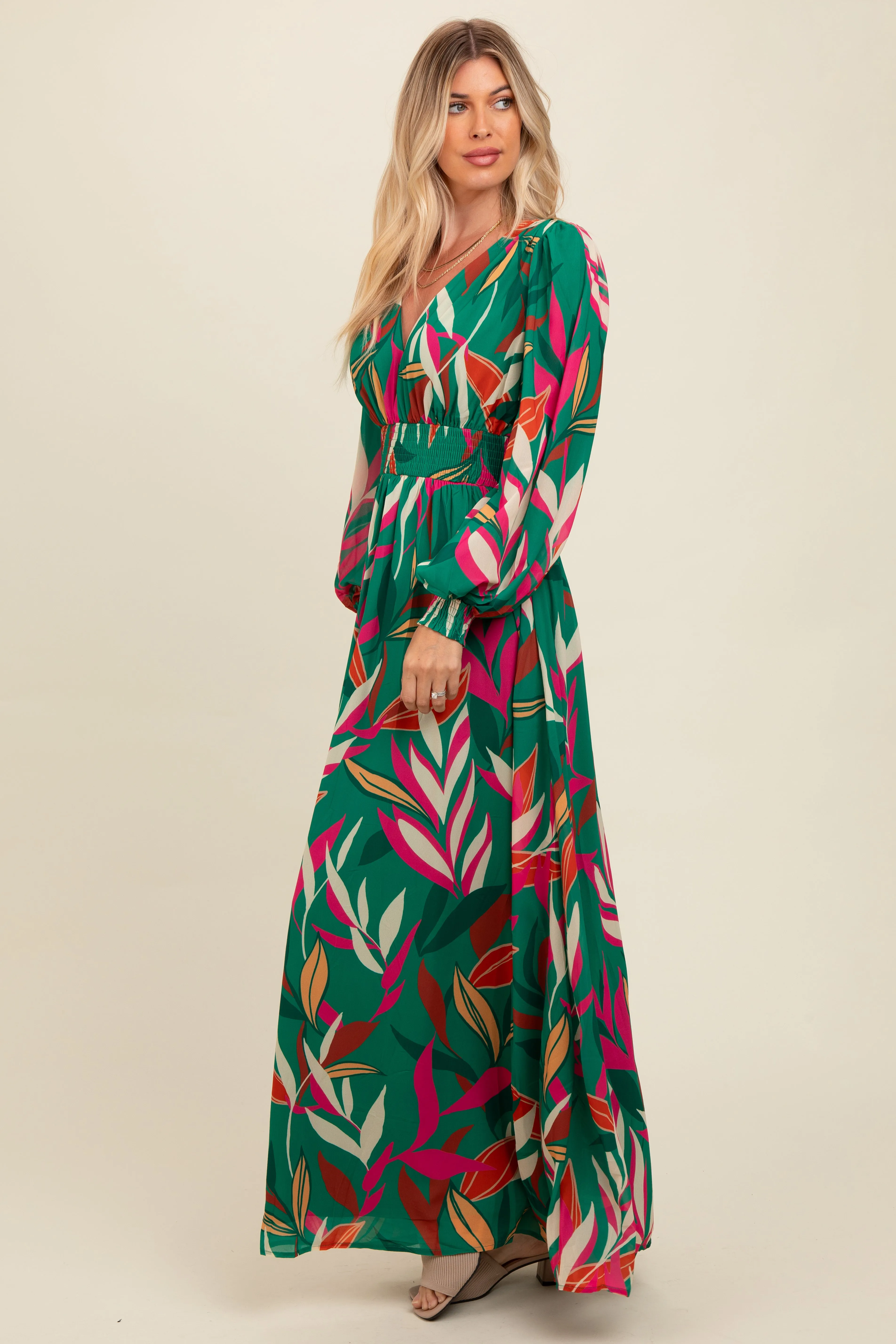Forest Green Leaf Print Deep V-Neck Maxi Dress sold by Pinkblush product image thumbnail 3