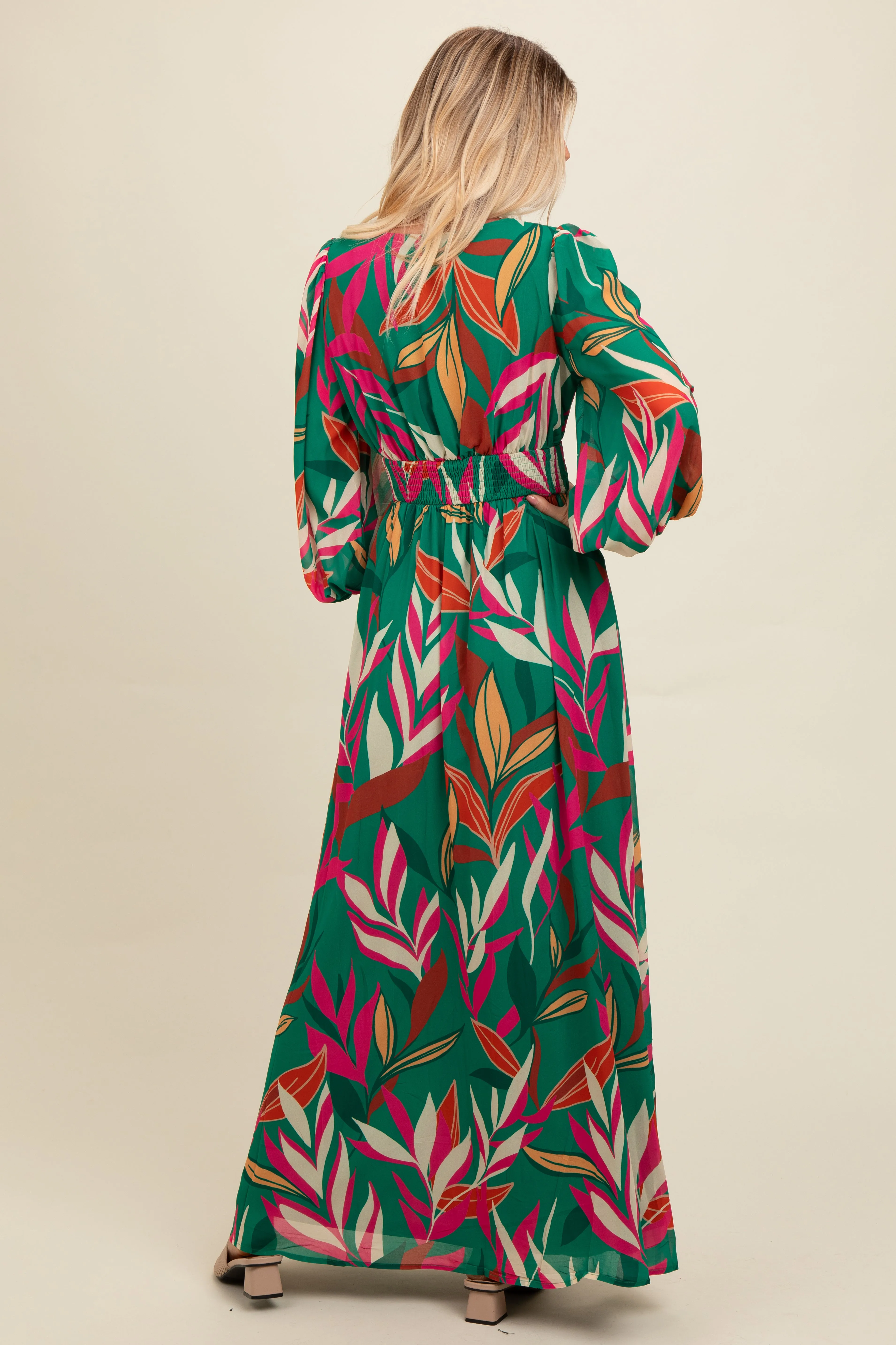 Forest Green Leaf Print Deep V-Neck Maxi Dress sold by Pinkblush product image thumbnail 4