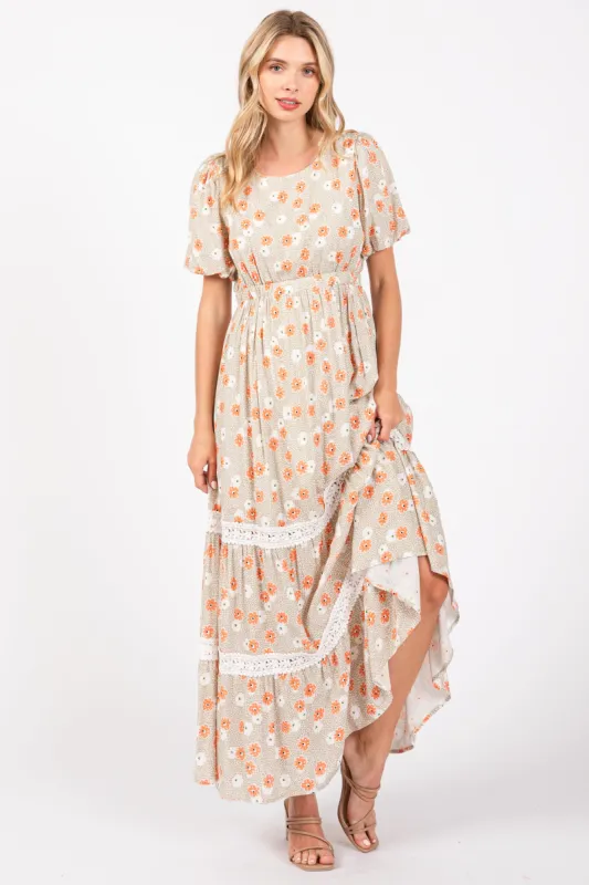 Taupe Floral Lace Trim Maxi Dress sold by Pinkblush