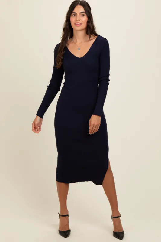 Navy Ribbed Knit Side Slit Midi Dress sold by Pinkblush