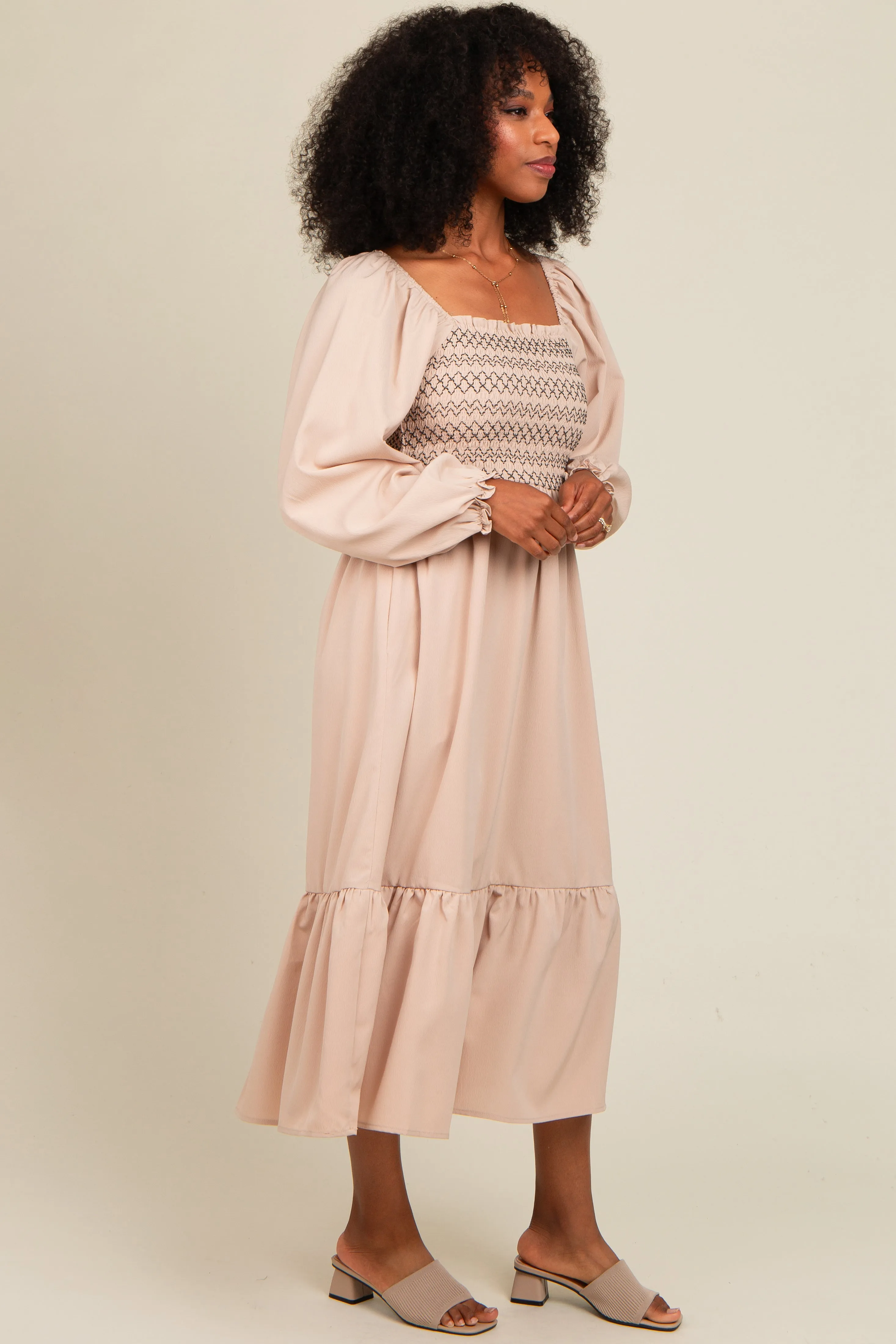 Beige Contrast Smocked Balloon Sleeve Midi Dress sold by Pinkblush product image thumbnail 4