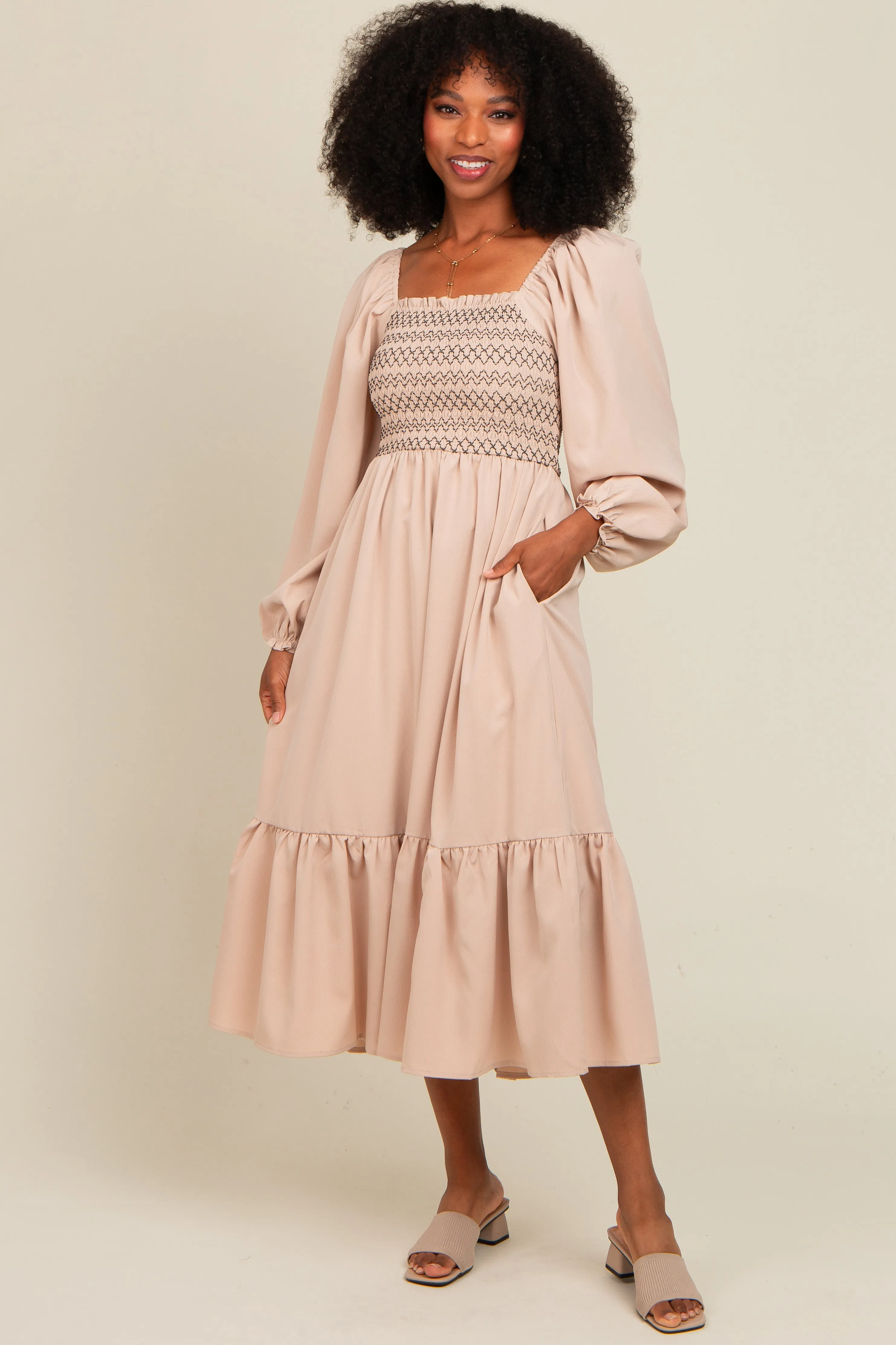 Beige Contrast Smocked Balloon Sleeve Midi Dress sold by Pinkblush