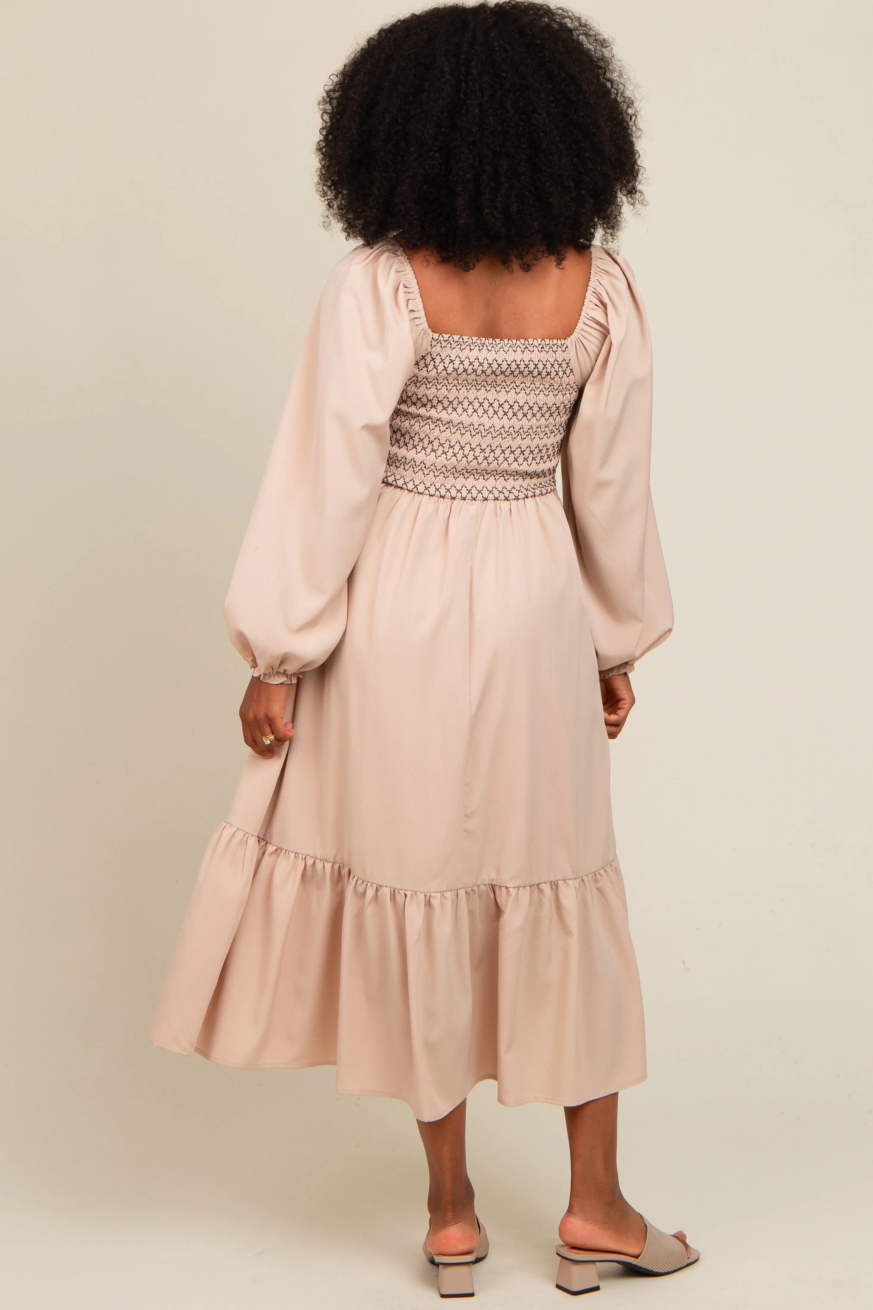 Beige Contrast Smocked Balloon Sleeve Midi Dress sold by Pinkblush product image thumbnail 5
