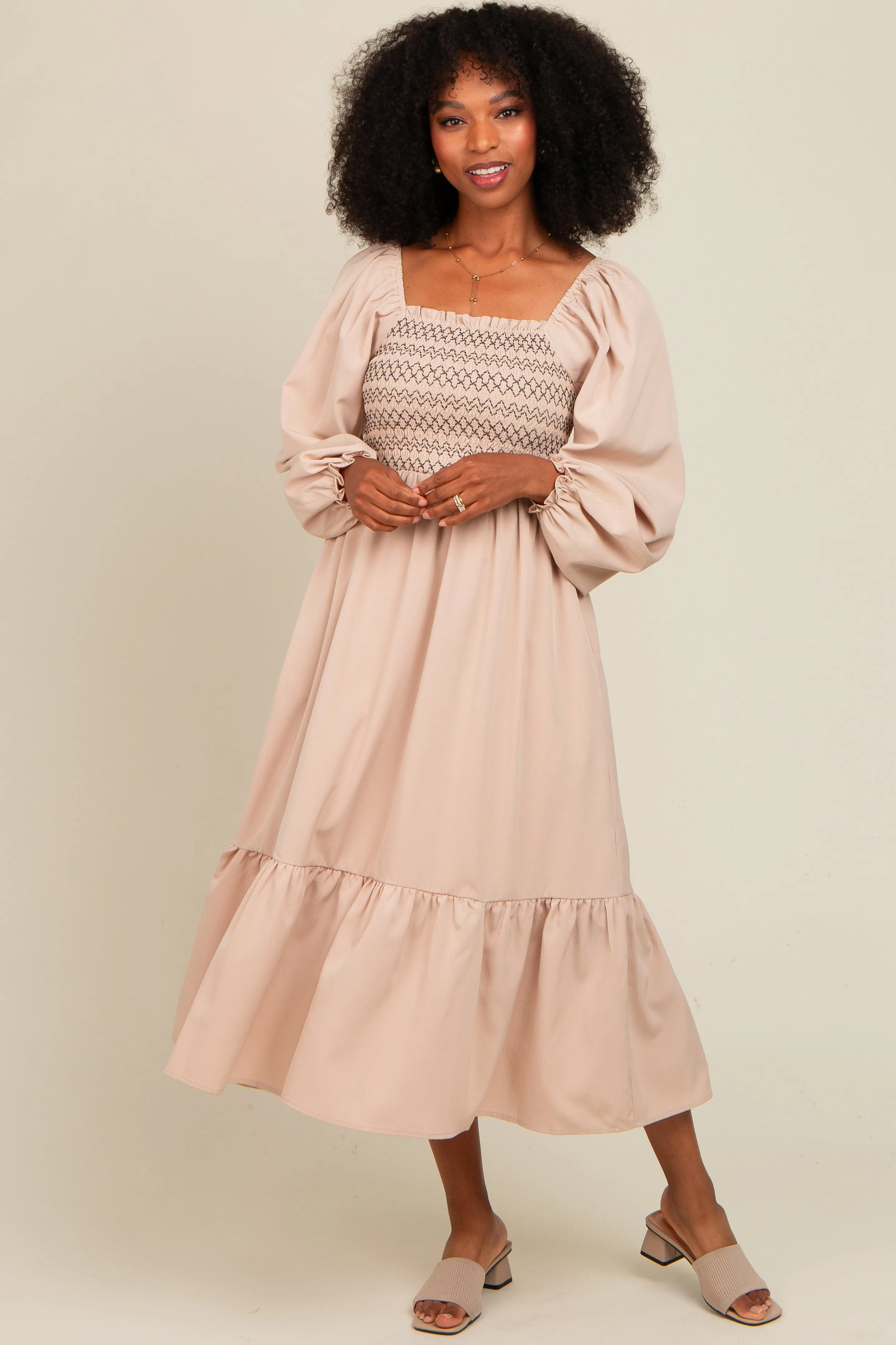 Beige Contrast Smocked Balloon Sleeve Midi Dress sold by Pinkblush product image thumbnail 2