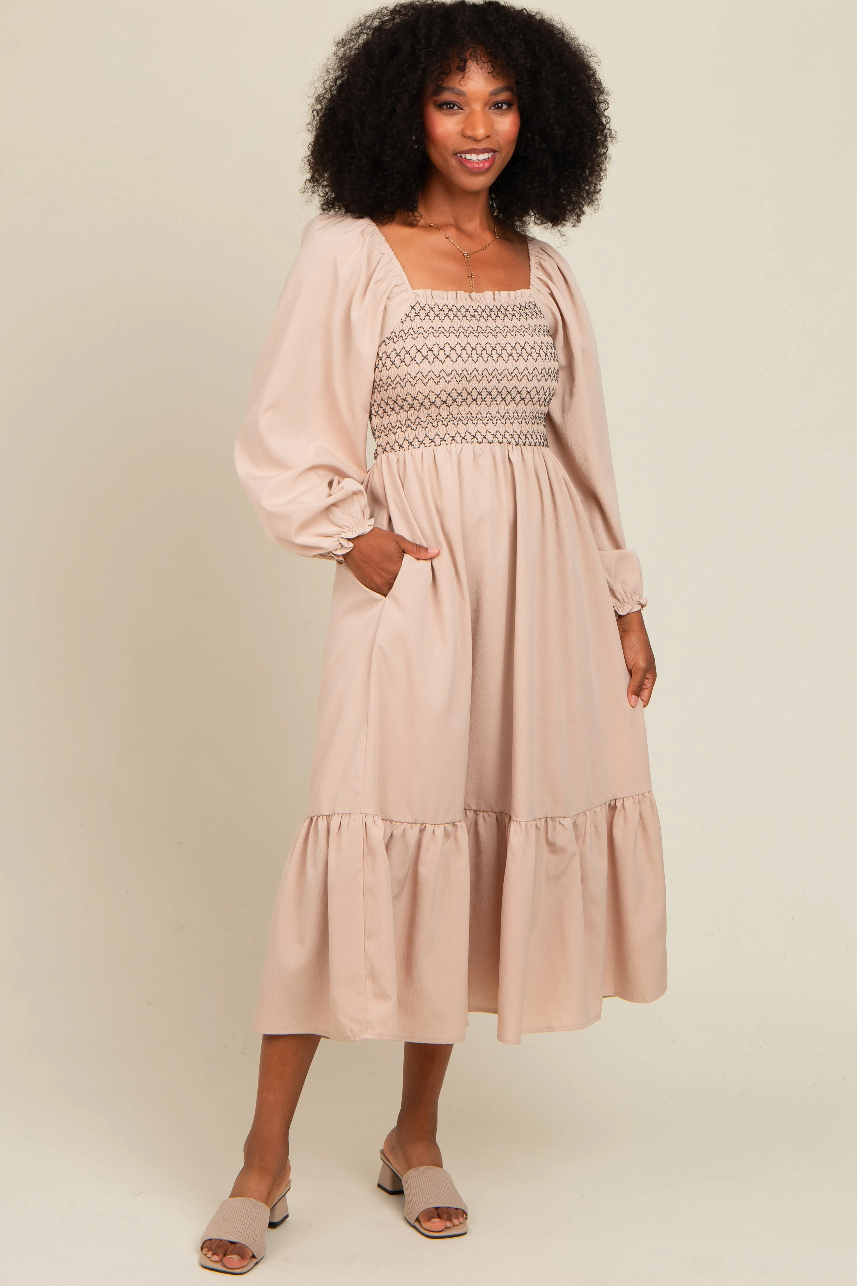 Beige Contrast Smocked Balloon Sleeve Midi Dress sold by Pinkblush product image thumbnail 3