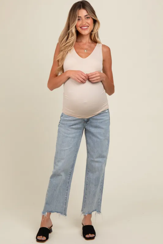 Light Blue Fringe Hem Maternity Cropped Straight Leg Jeans sold by Pinkblush