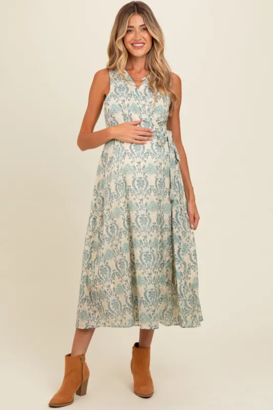 Blue Floral Damask Wrap Maternity Midi Dress sold by Pinkblush