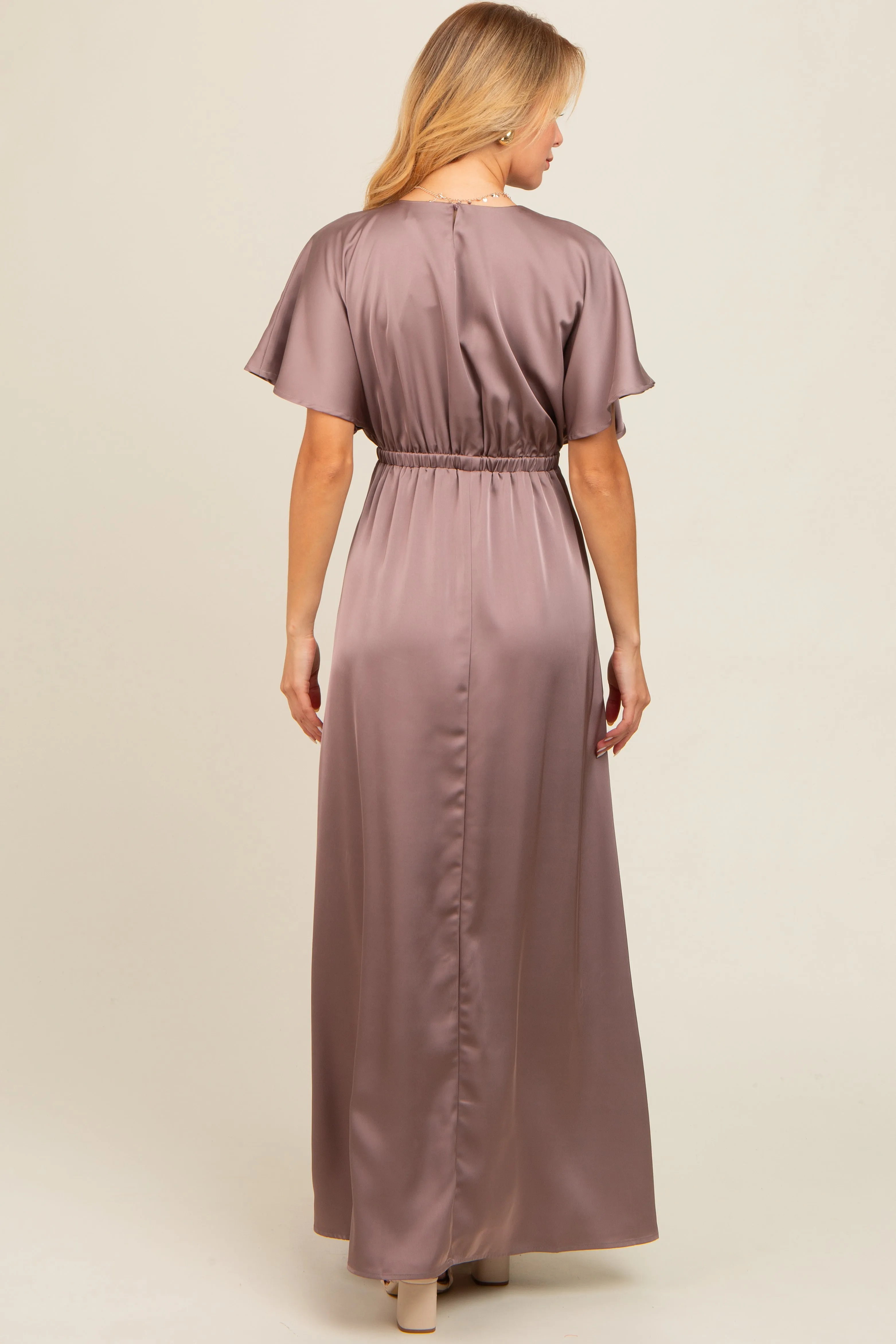 Mauve Satin V-Neck Flutter Short Sleeve Maxi Dress sold by Pinkblush product image thumbnail 4