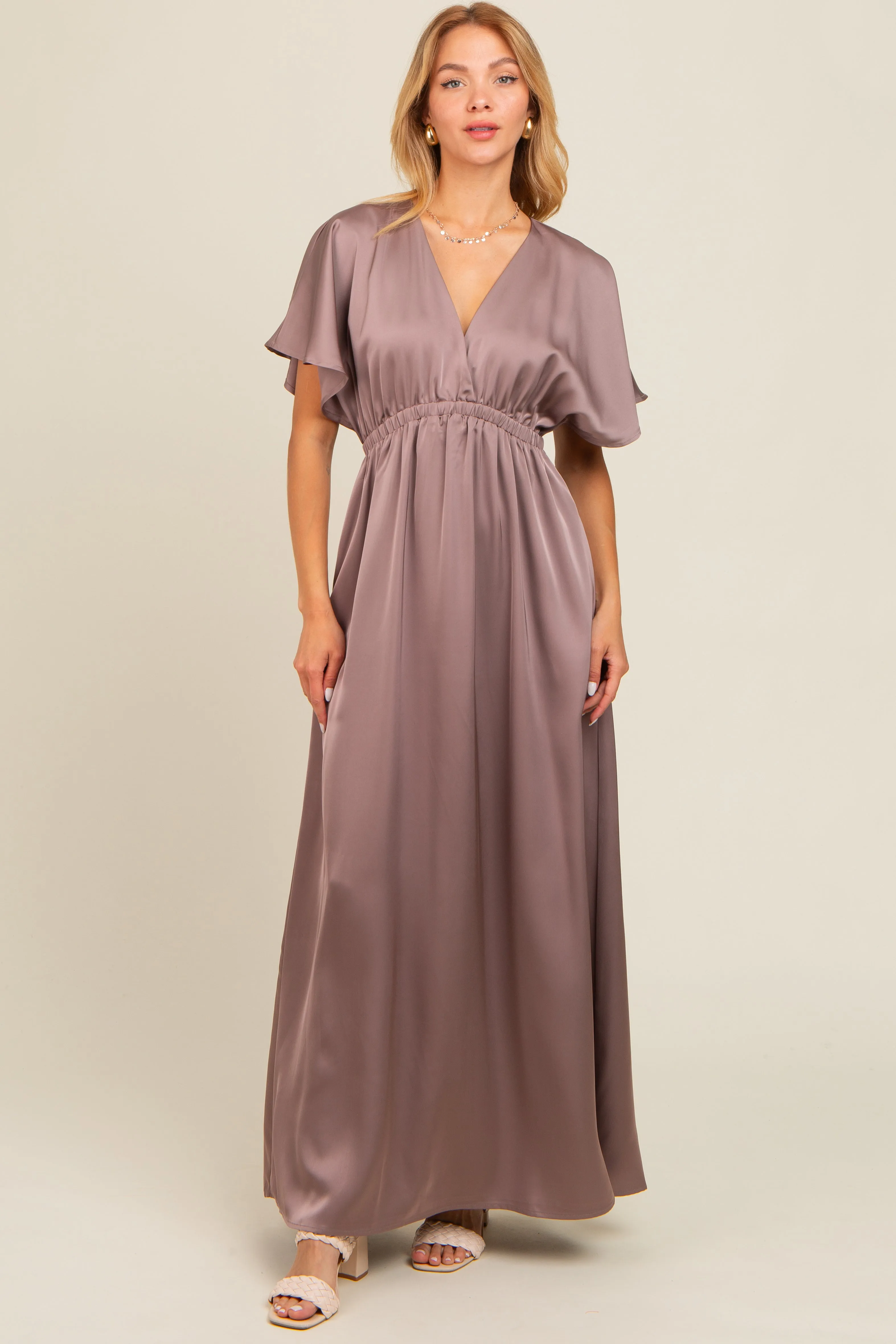 Mauve Satin V-Neck Flutter Short Sleeve Maxi Dress sold by Pinkblush