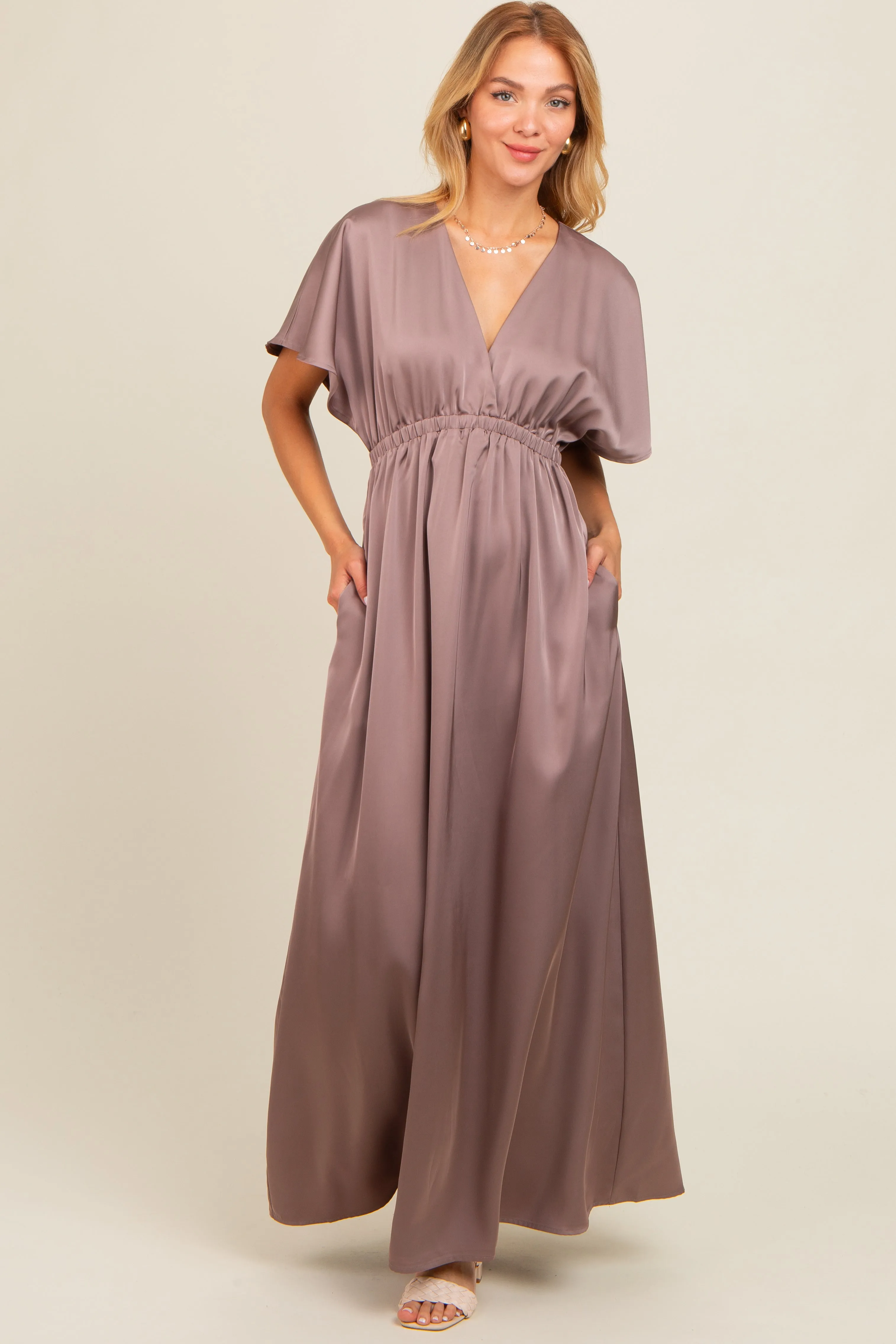 Mauve Satin V-Neck Flutter Short Sleeve Maxi Dress sold by Pinkblush product image thumbnail 2