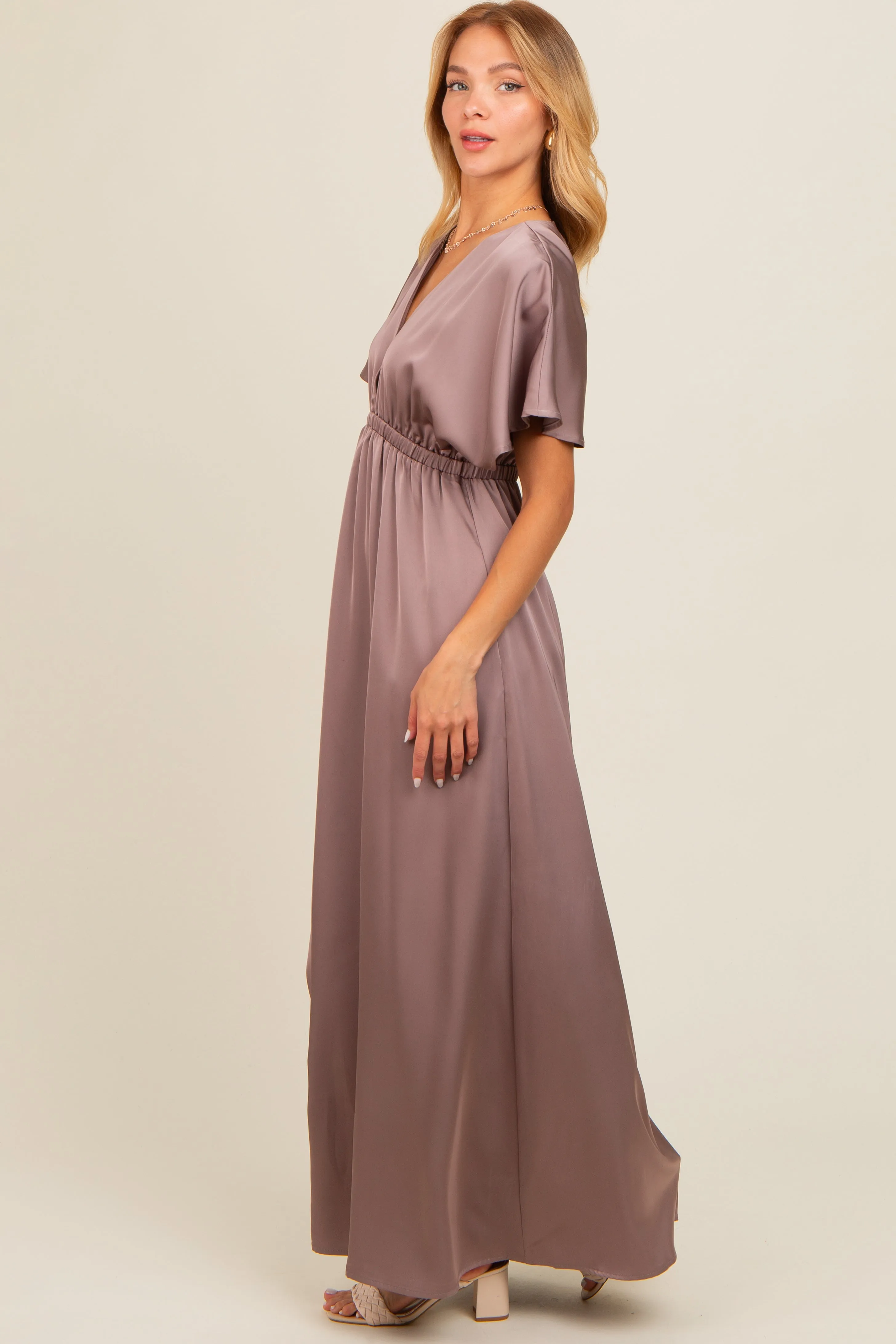 Mauve Satin V-Neck Flutter Short Sleeve Maxi Dress sold by Pinkblush product image thumbnail 3
