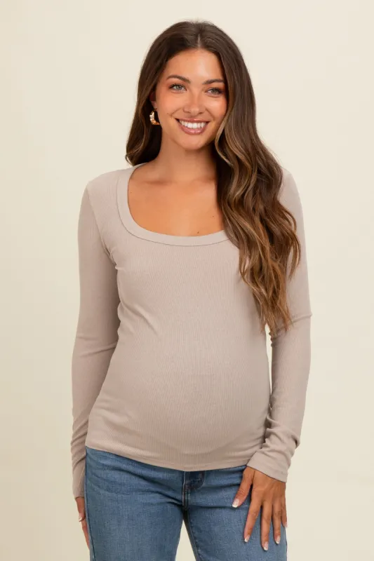 Beige Ribbed Square Neck Long Sleeve Maternity Top sold by Pinkblush