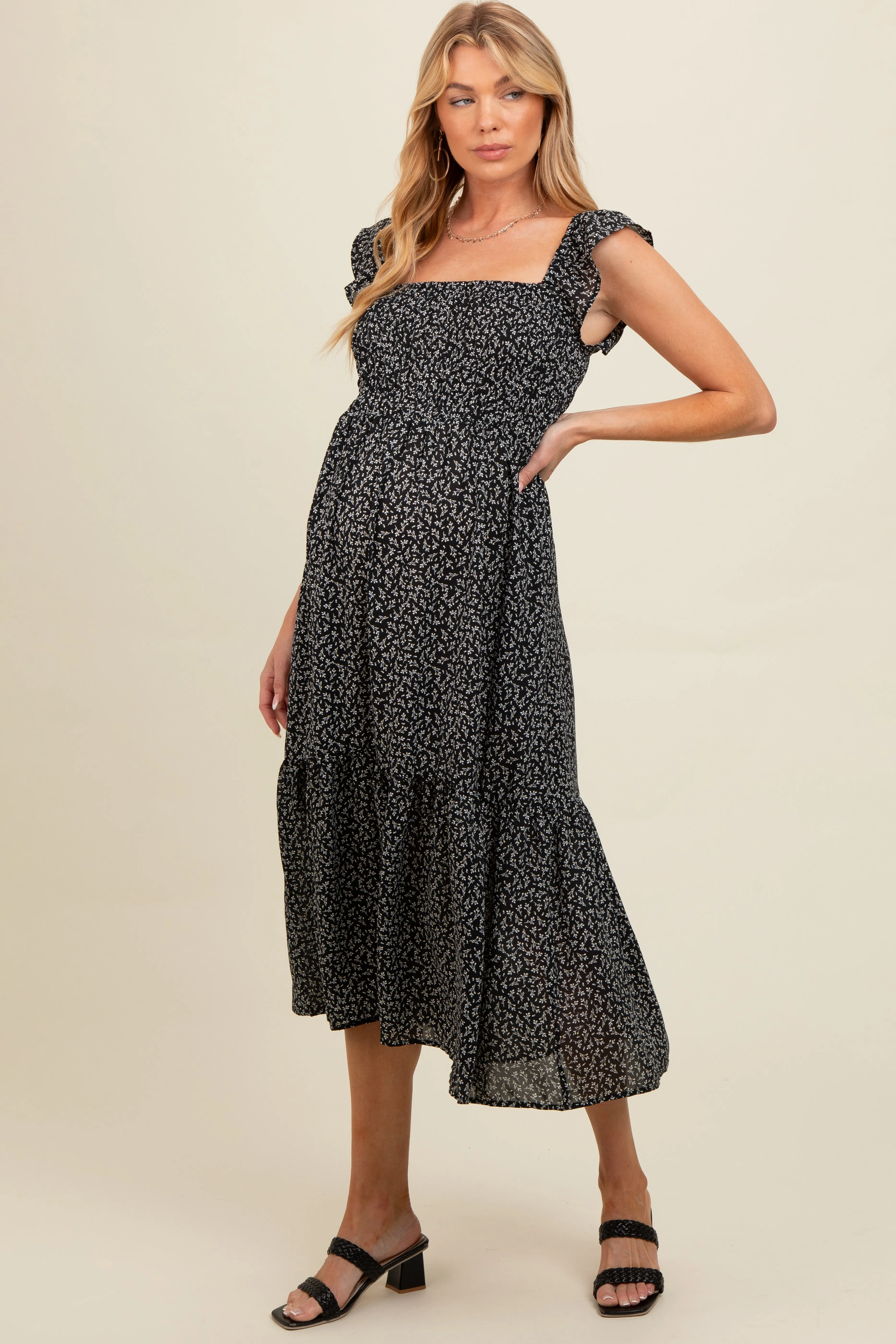 Black Ruffle Strap Smocked Maternity Mid Dress sold by Pinkblush product image thumbnail 3