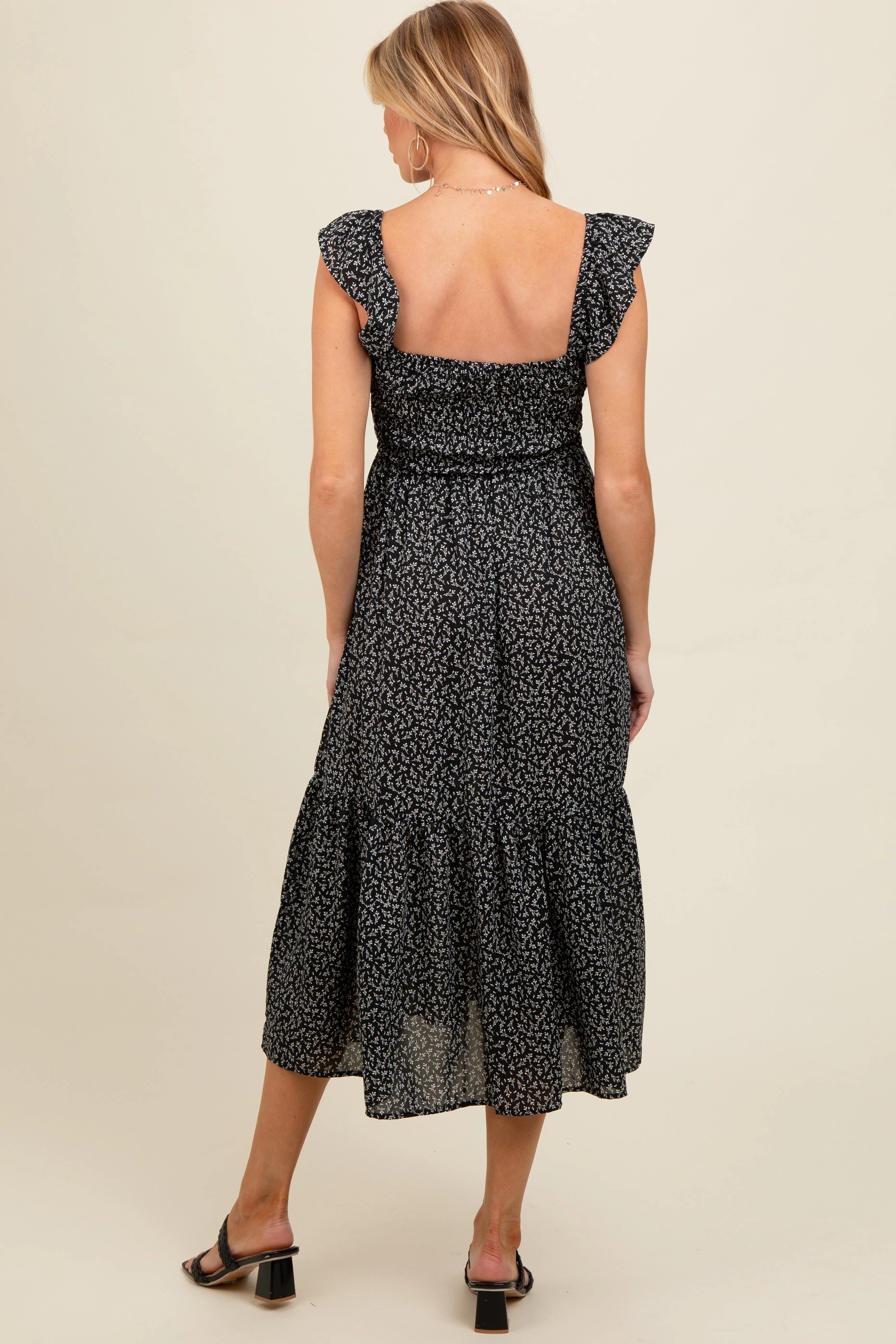 Black Ruffle Strap Smocked Maternity Mid Dress sold by Pinkblush product image thumbnail 4