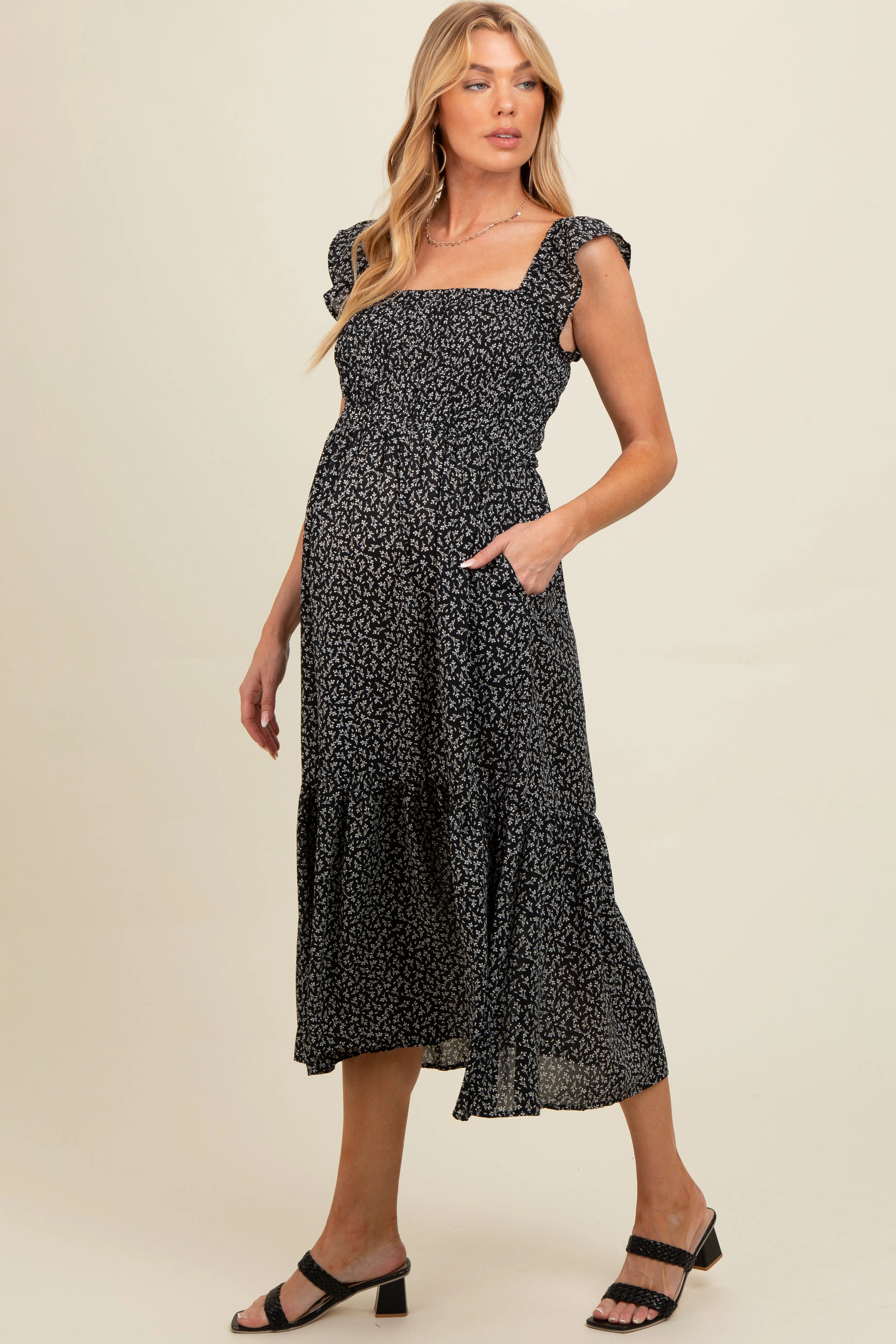 Black Ruffle Strap Smocked Maternity Mid Dress sold by Pinkblush