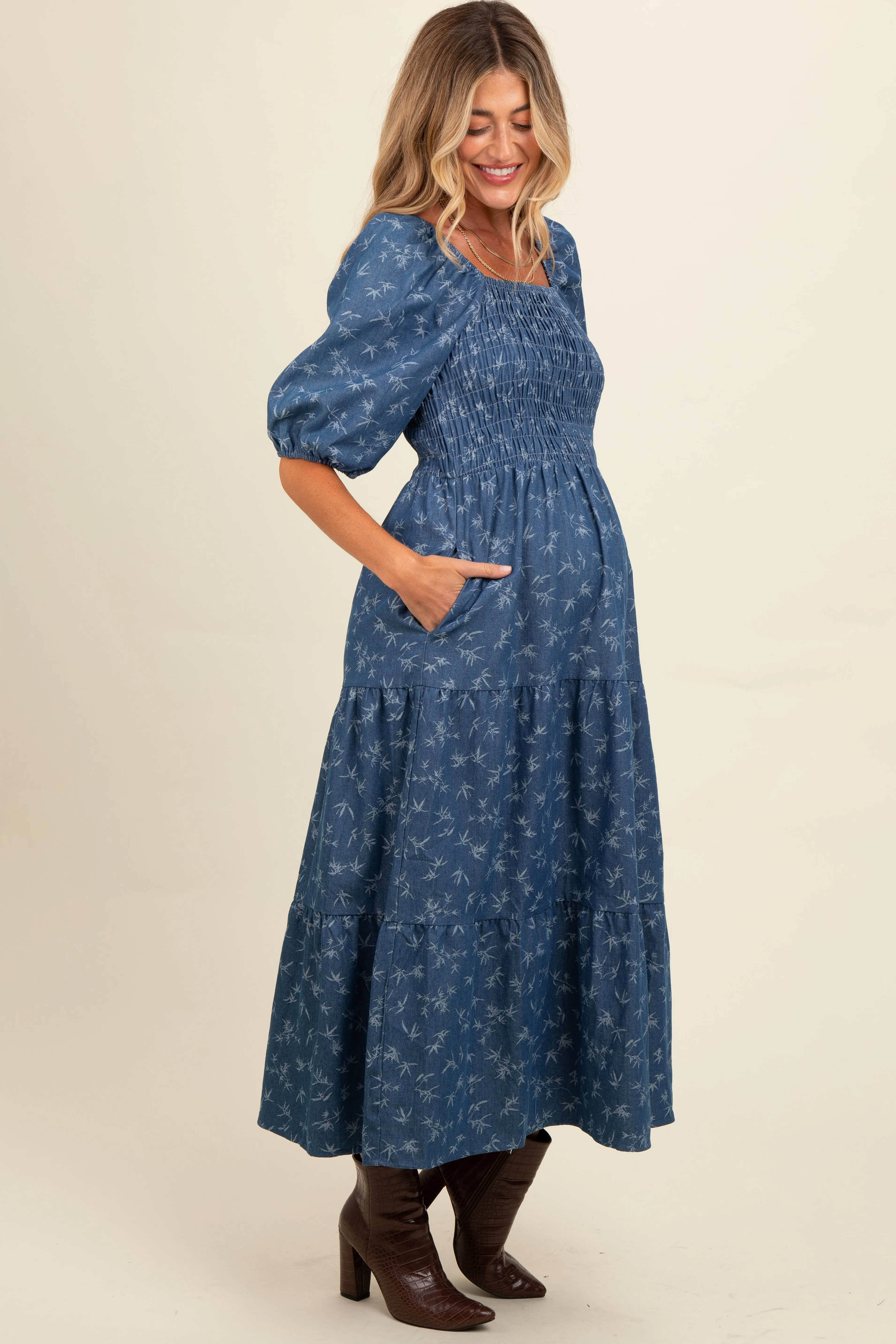 Blue Chambray Printed Smocked Maternity Midi Dress sold by Pinkblush product image thumbnail 2
