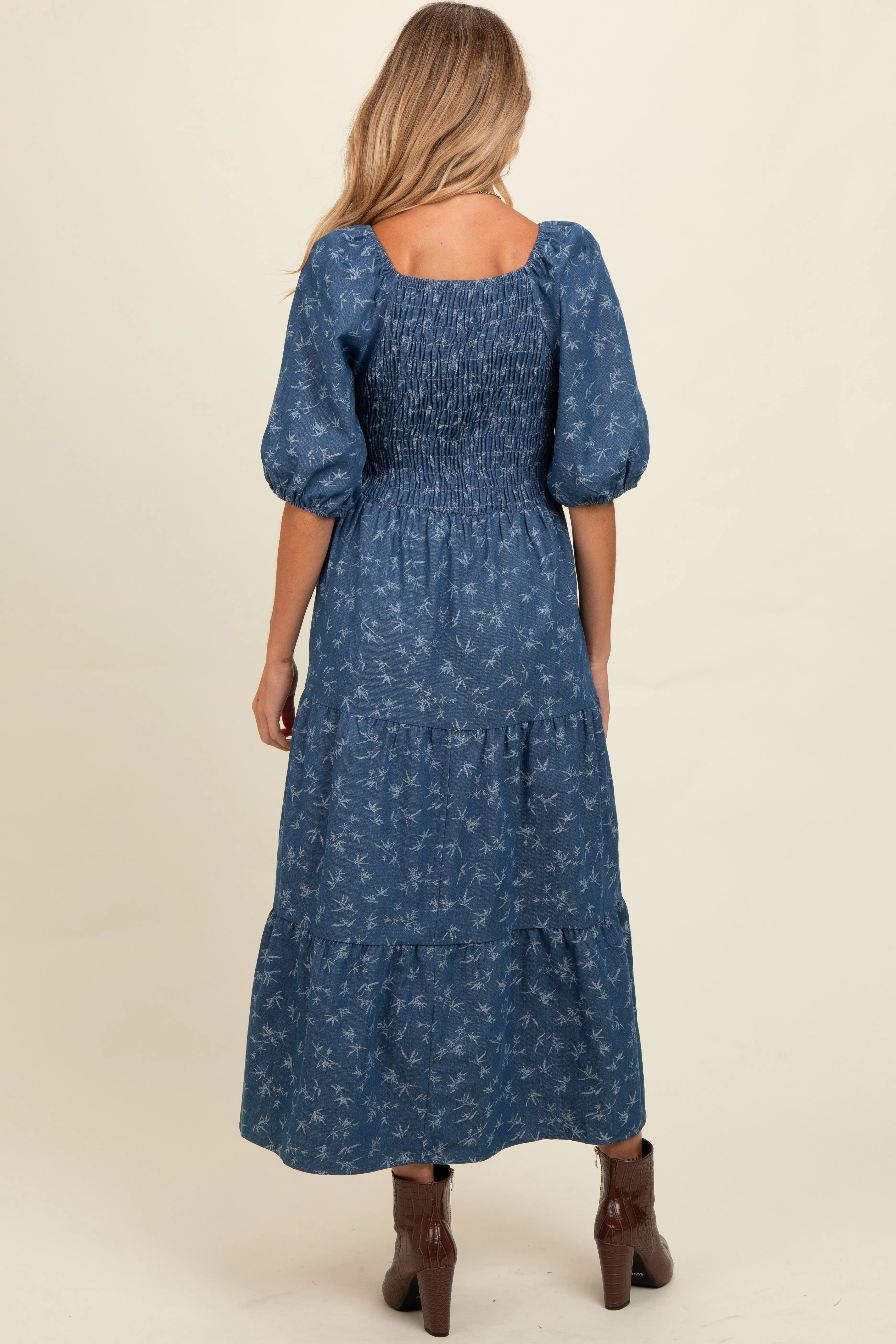 Blue Chambray Printed Smocked Maternity Midi Dress sold by Pinkblush product image thumbnail 3