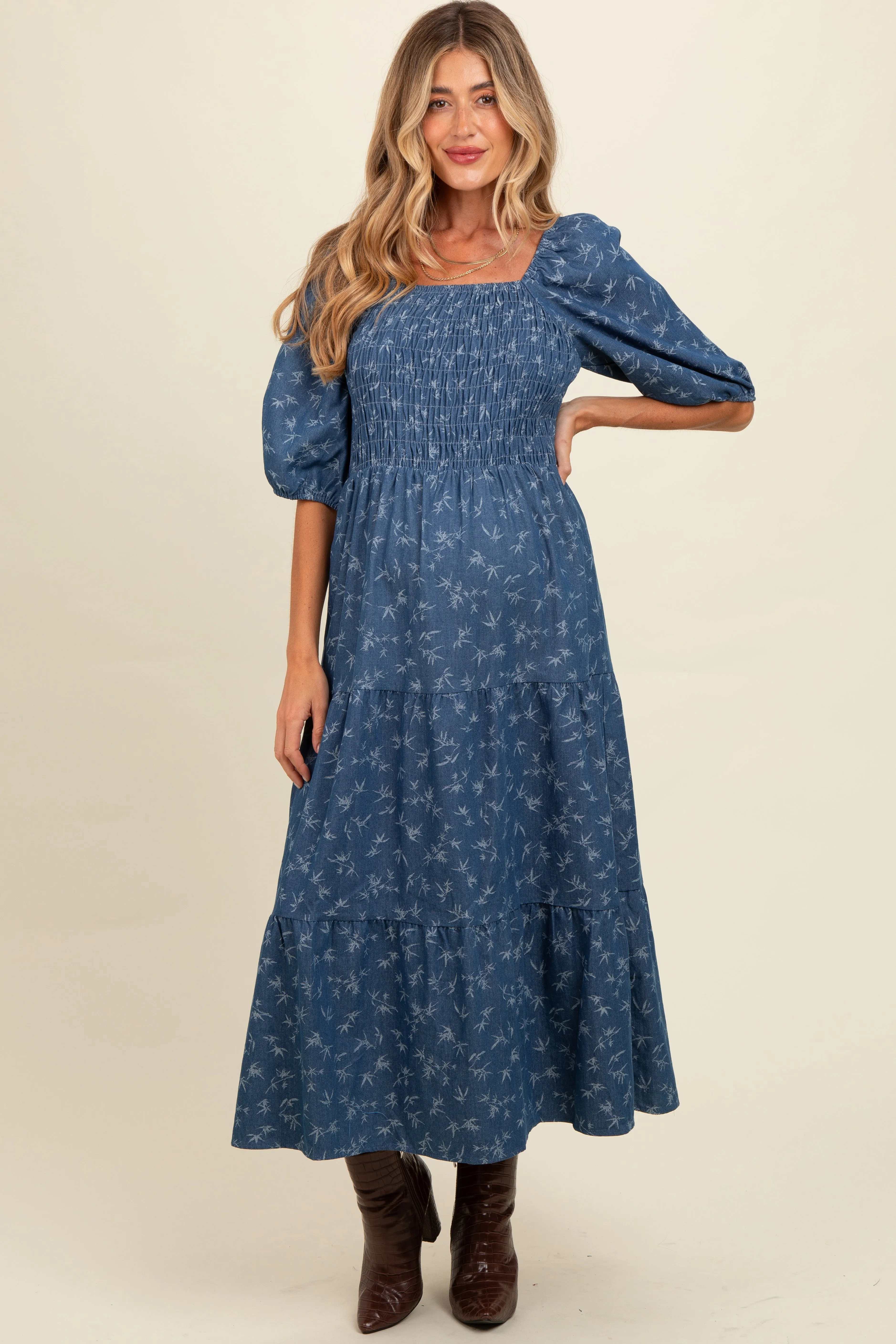Blue Chambray Printed Smocked Maternity Midi Dress sold by Pinkblush