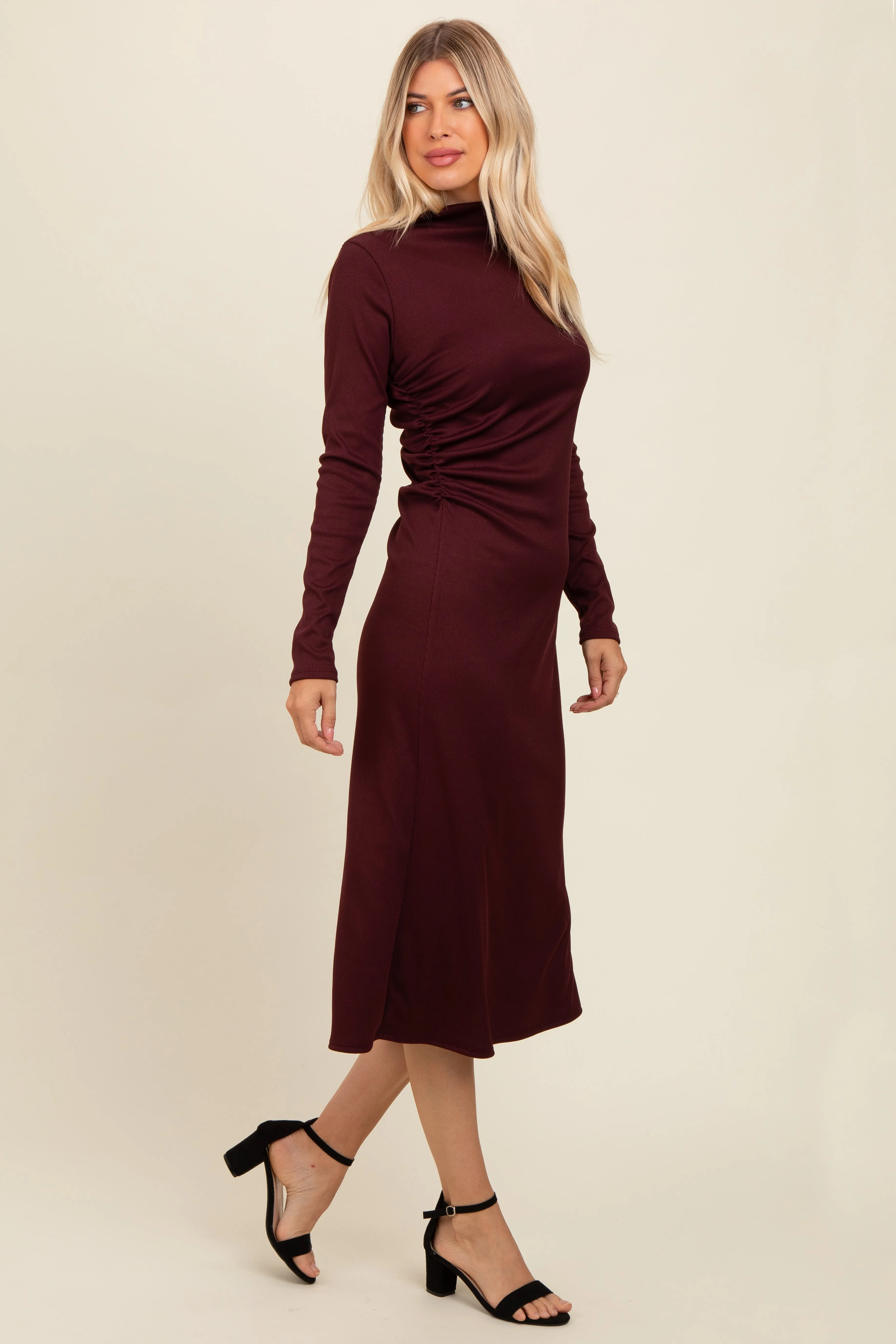 Brown Ruffle Mock Neck Long Sleeve Midi Dress sold by Pinkblush product image thumbnail 3