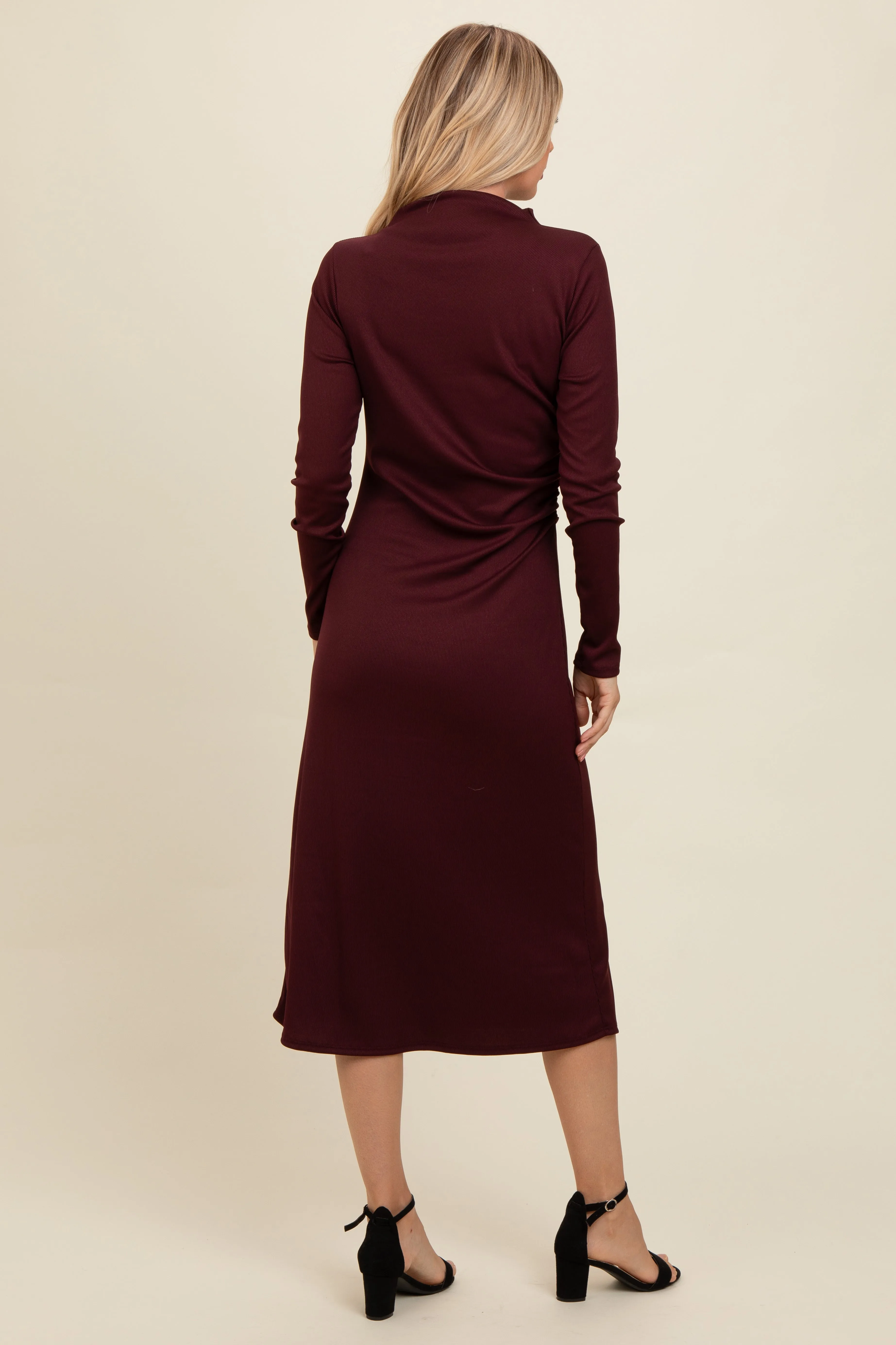 Brown Ruffle Mock Neck Long Sleeve Midi Dress sold by Pinkblush product image thumbnail 4