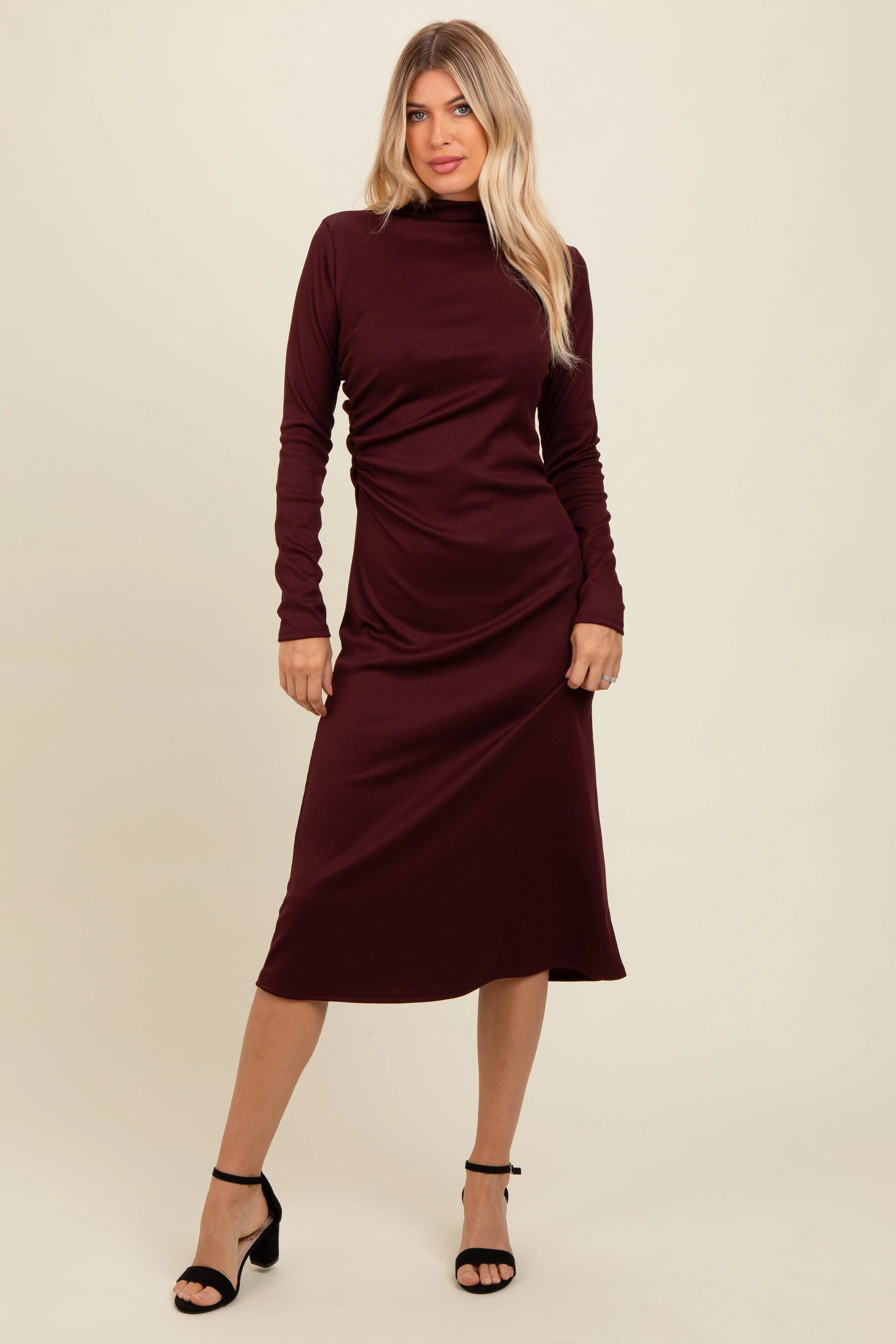 Brown Ruffle Mock Neck Long Sleeve Midi Dress sold by Pinkblush product image thumbnail 2