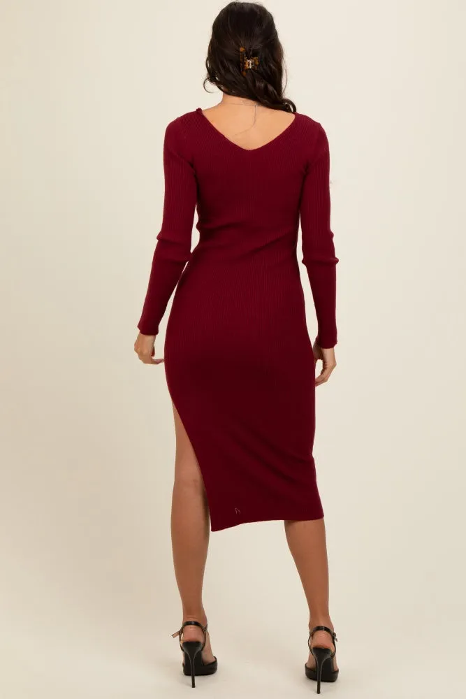 Burgundy Ribbed Knit Side Slit Midi Dress sold by Pinkblush product image thumbnail 4