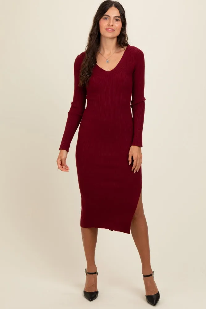 Burgundy Ribbed Knit Side Slit Midi Dress sold by Pinkblush