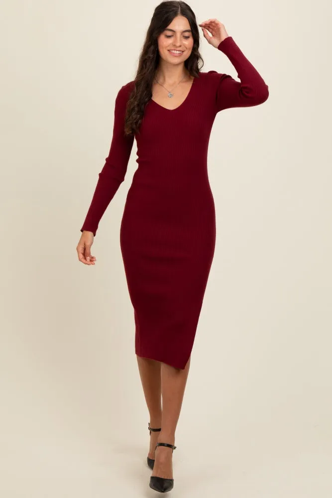 Burgundy Ribbed Knit Side Slit Midi Dress sold by Pinkblush product image thumbnail 2