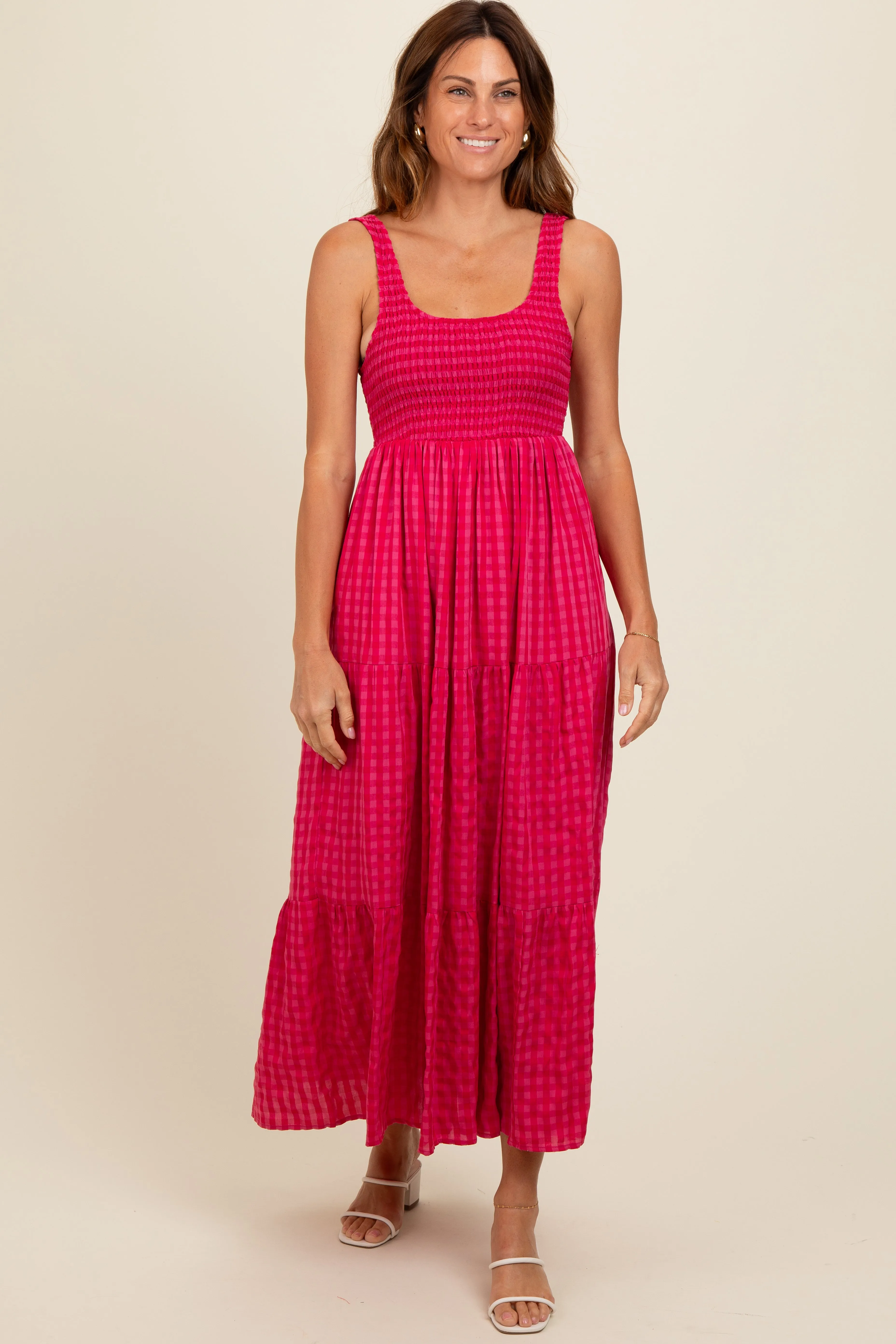 Coral Plaid Tiered Maxi Dress sold by Pinkblush