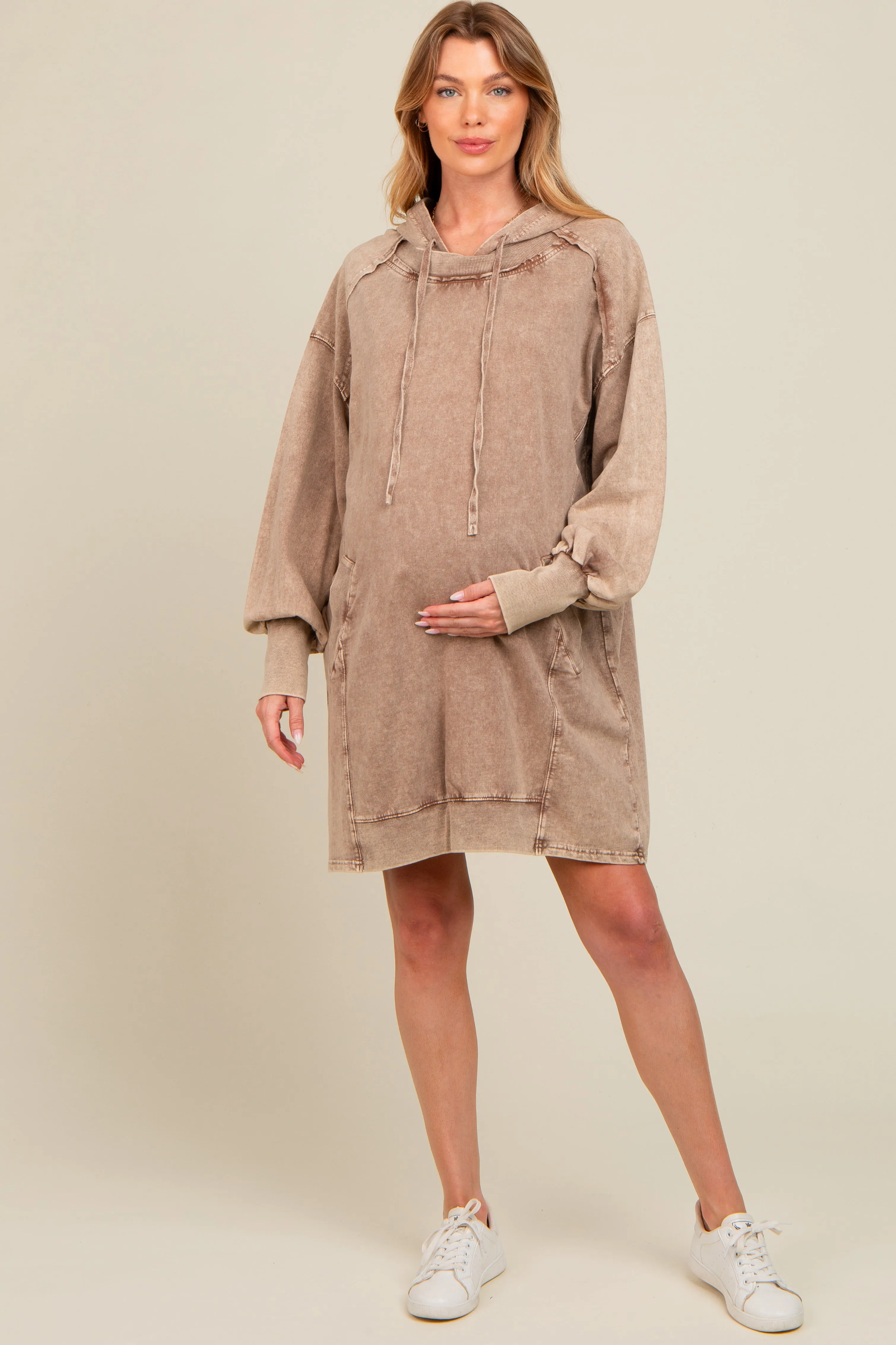 Mocha Mineral Wash Maternity Hoodie Dress sold by Pinkblush