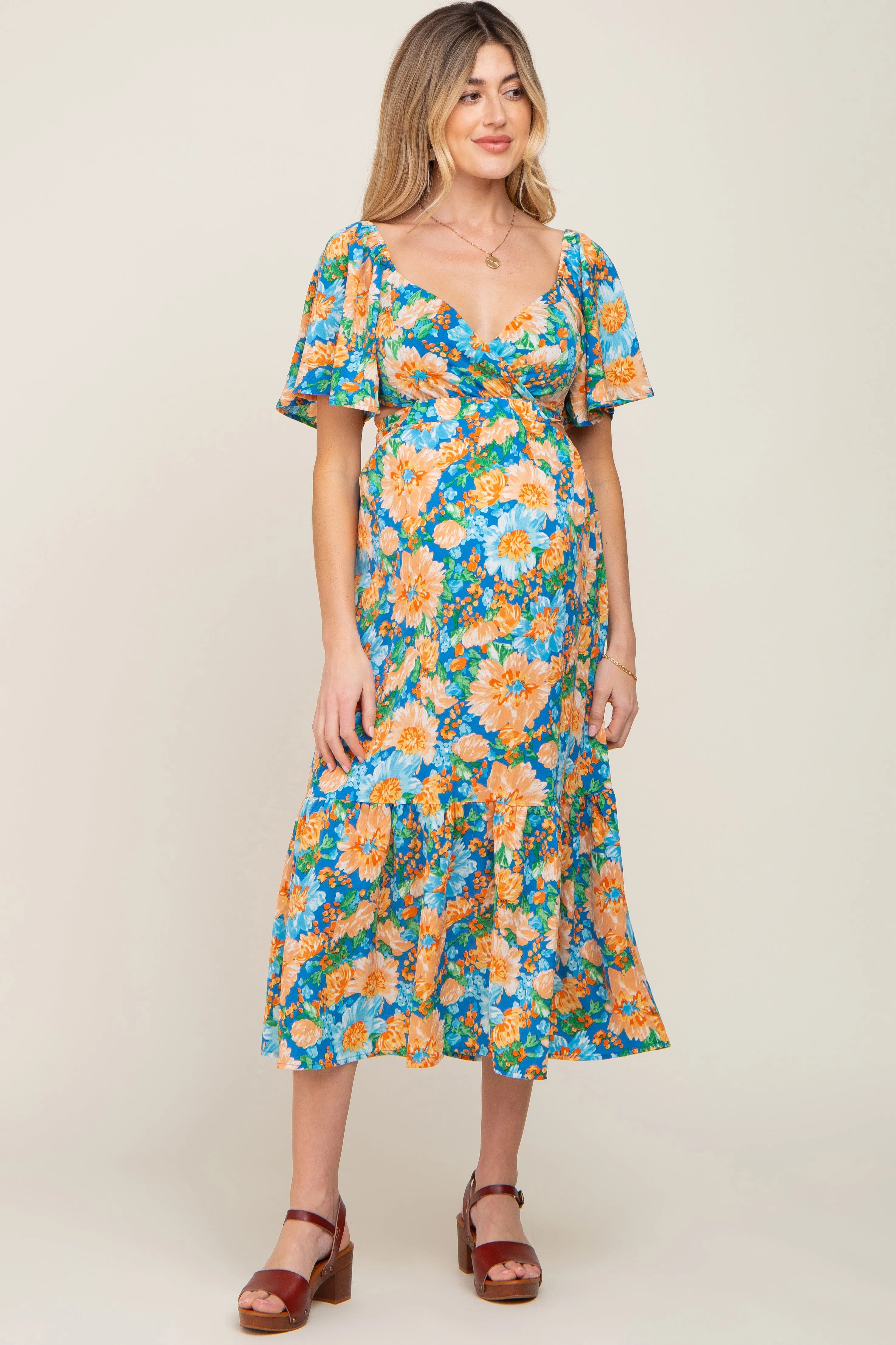 Multi-Color Floral Wrap Front Cutout Back Maternity Midi Dress sold by Pinkblush product image thumbnail 3