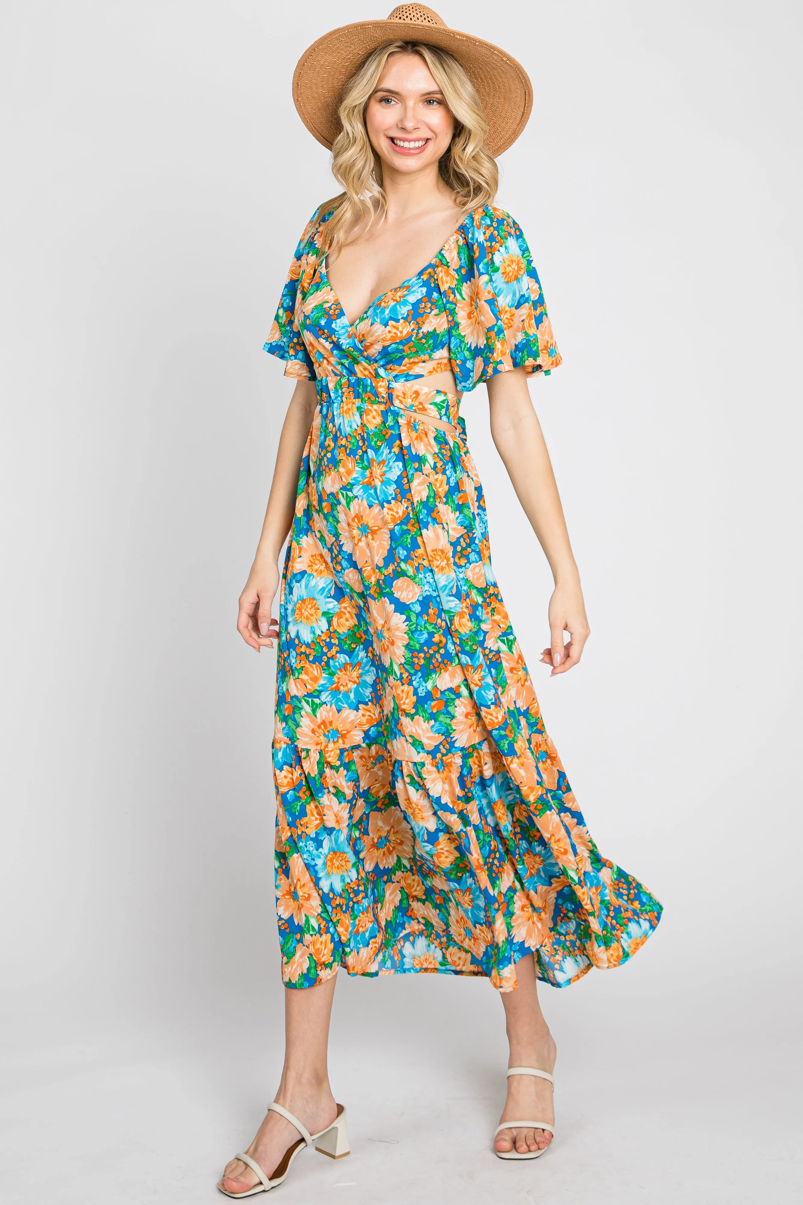 Multi-Color Floral Wrap Front Cutout Back Maternity Midi Dress sold by Pinkblush product image thumbnail 4