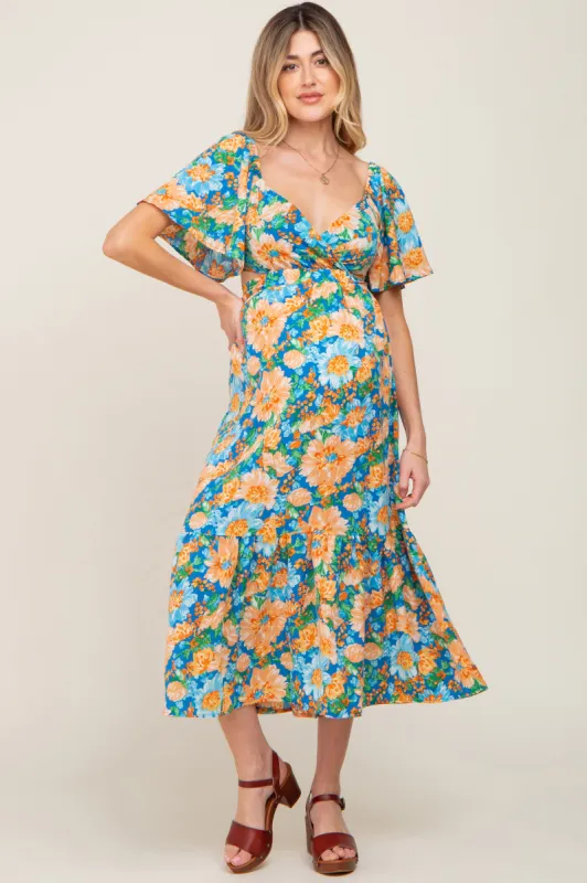 Multi-Color Floral Wrap Front Cutout Back Maternity Midi Dress sold by Pinkblush