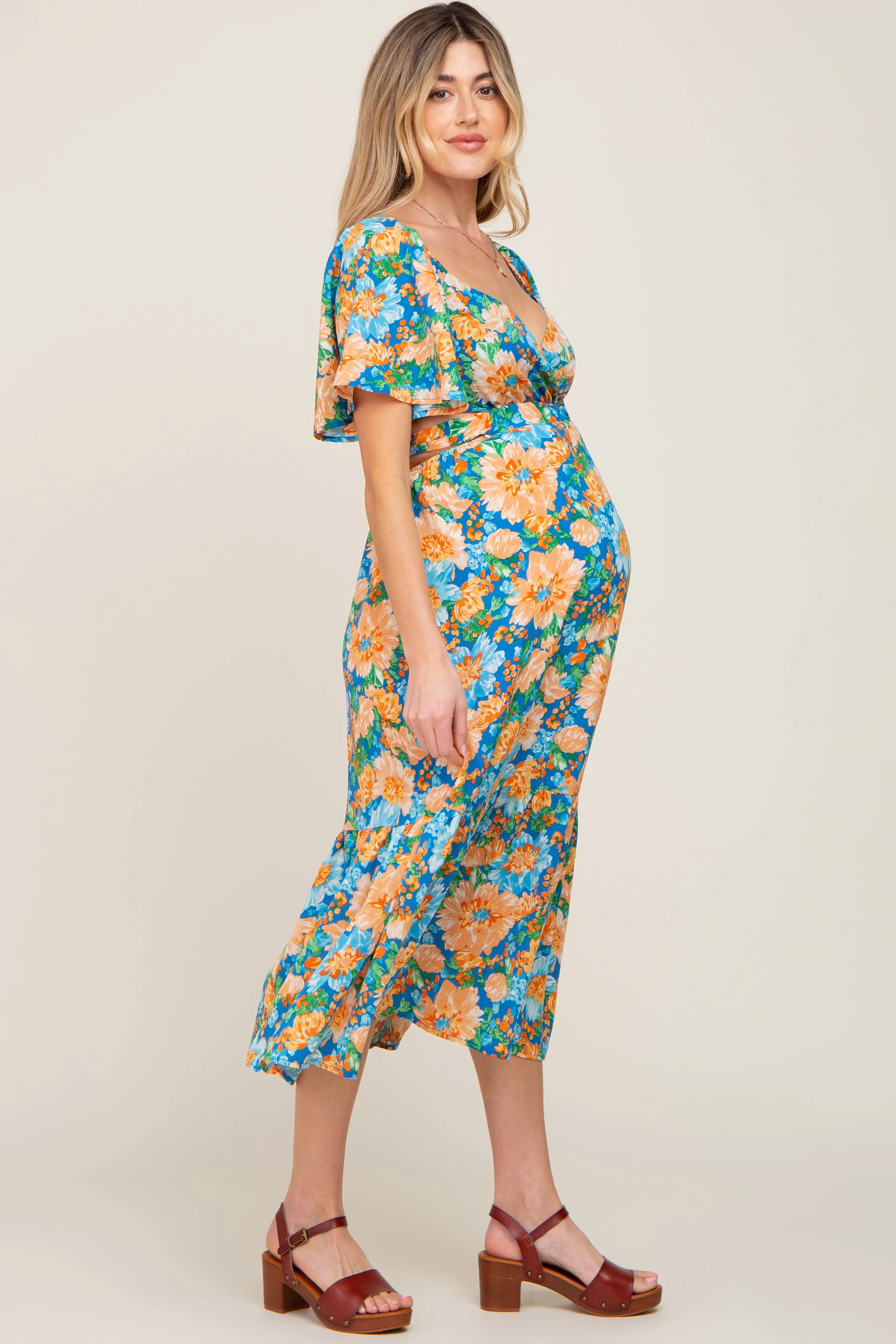 Multi-Color Floral Wrap Front Cutout Back Maternity Midi Dress sold by Pinkblush product image thumbnail 2