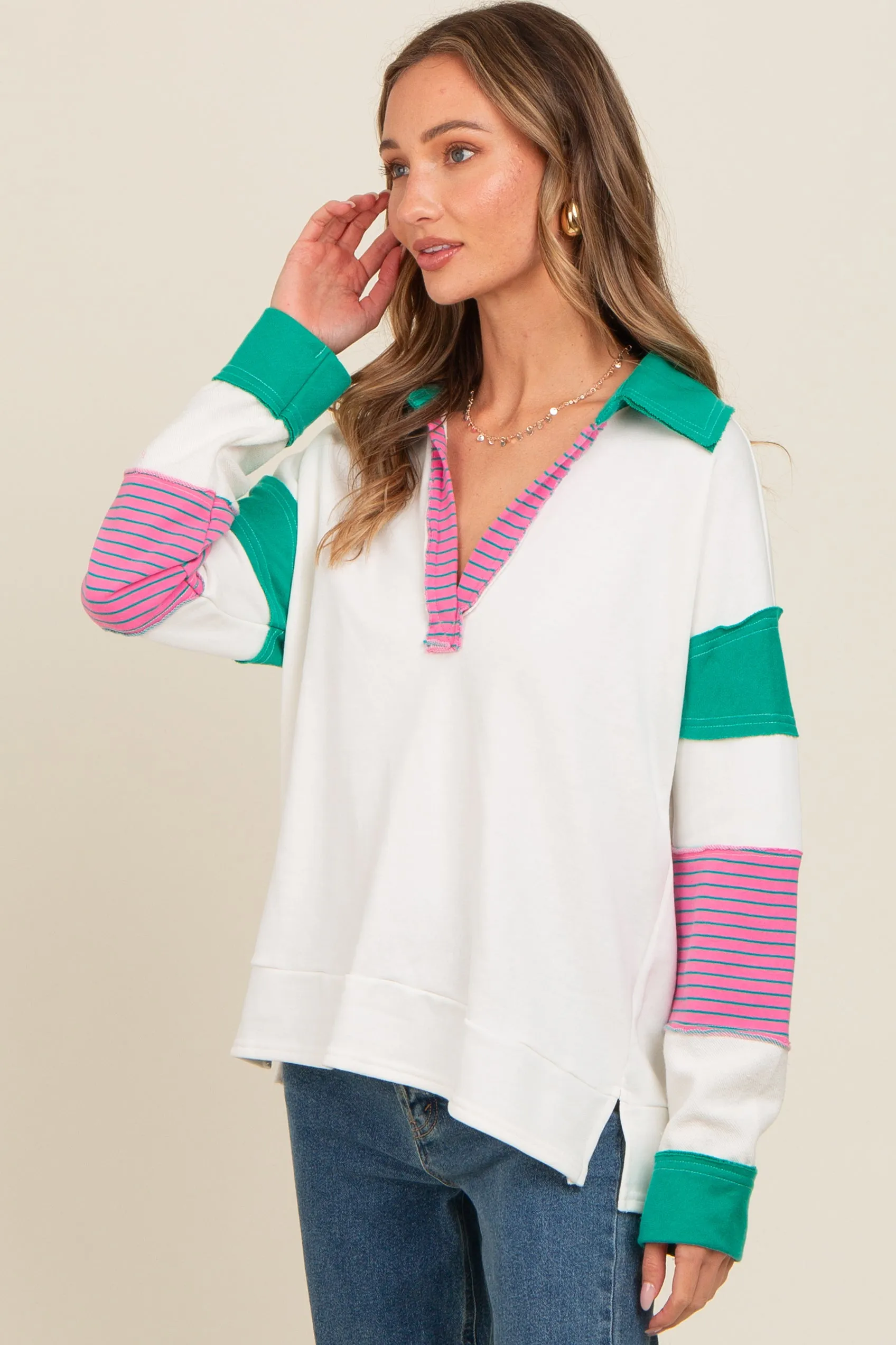 Green Raw Hem Long Sleeve Polo Top sold by Pinkblush product image thumbnail 3
