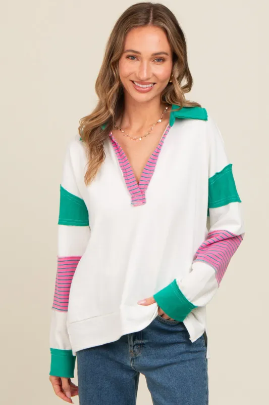 Green Raw Hem Long Sleeve Polo Top sold by Pinkblush