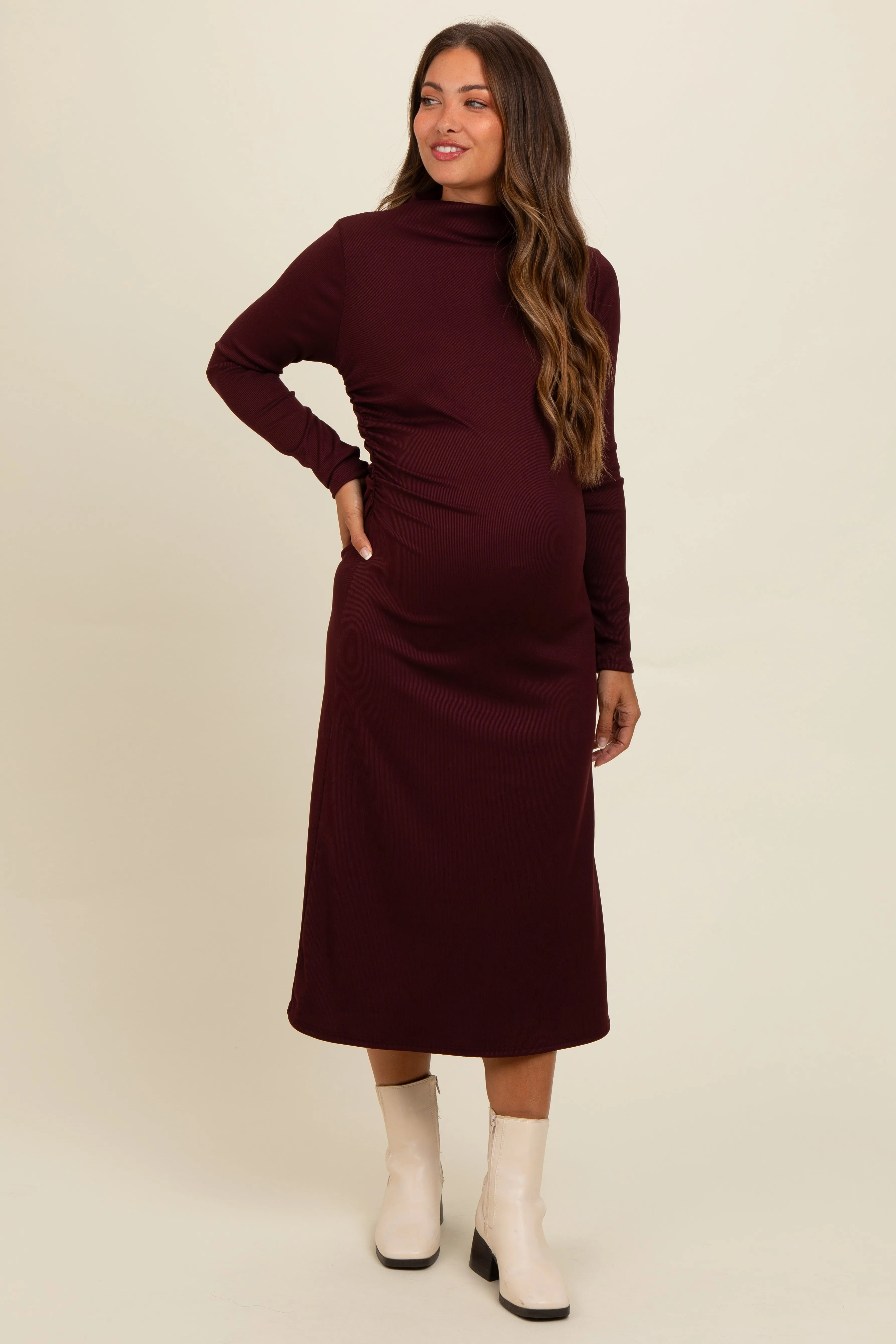 Brown Ruffle Mock Neck Long Sleeve Maternity Midi Dress sold by Pinkblush product image thumbnail 2