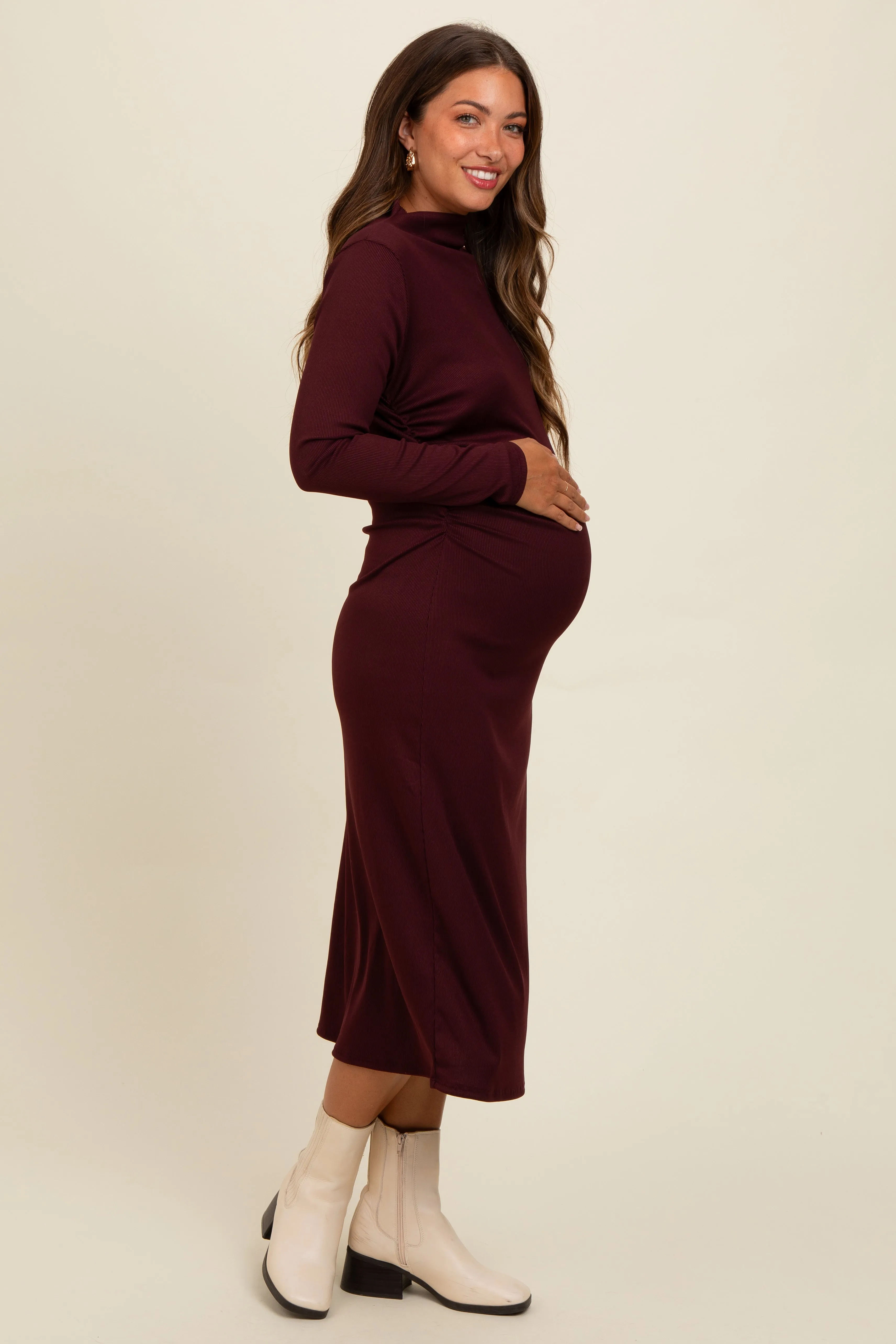 Brown Ruffle Mock Neck Long Sleeve Maternity Midi Dress sold by Pinkblush product image thumbnail 3