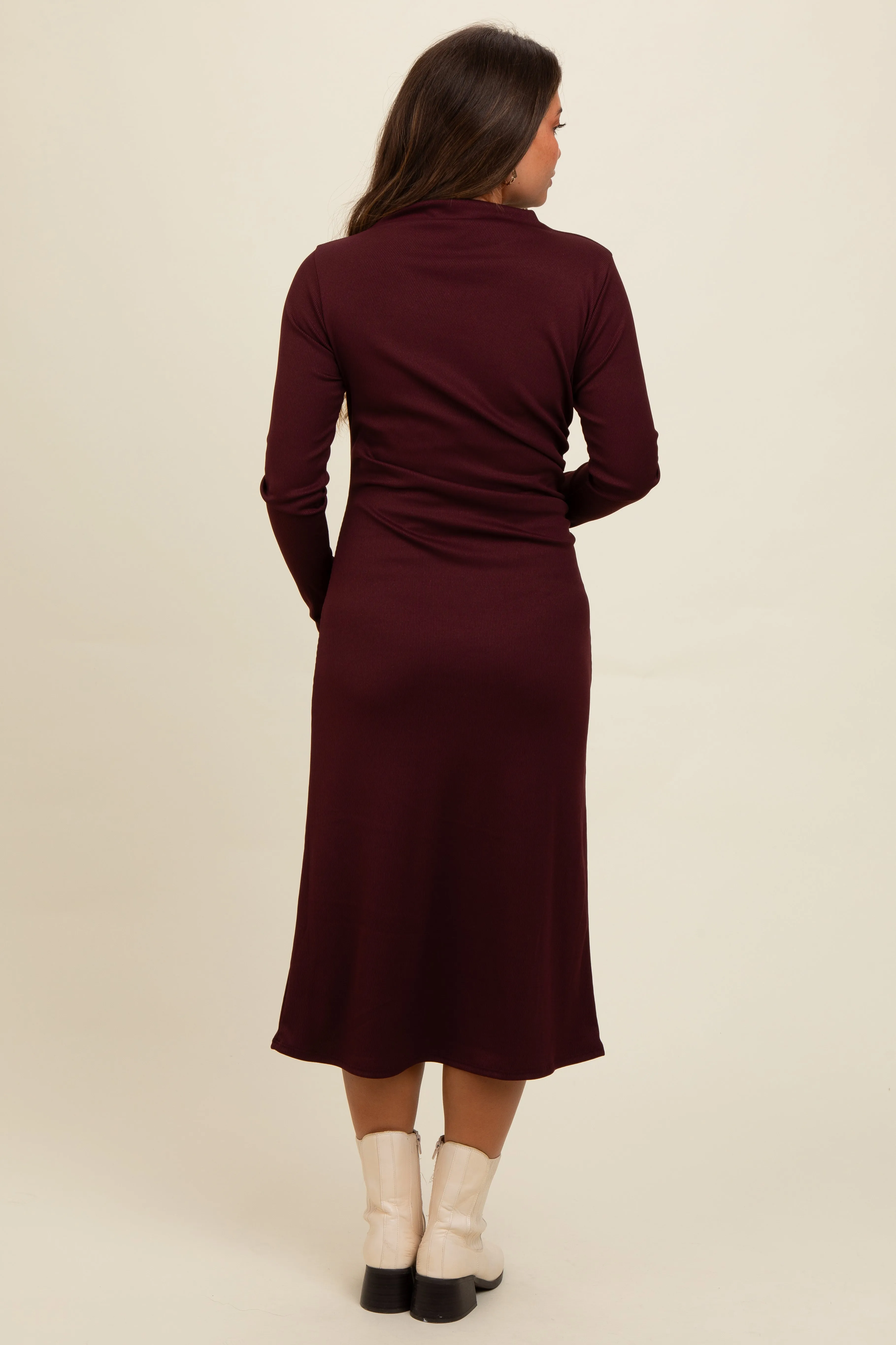 Brown Ruffle Mock Neck Long Sleeve Maternity Midi Dress sold by Pinkblush product image thumbnail 4