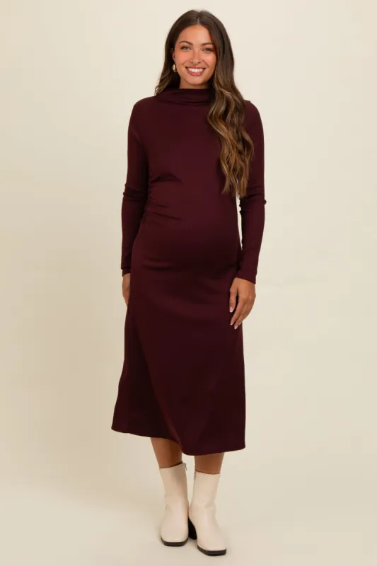 Brown Ruffle Mock Neck Long Sleeve Maternity Midi Dress sold by Pinkblush
