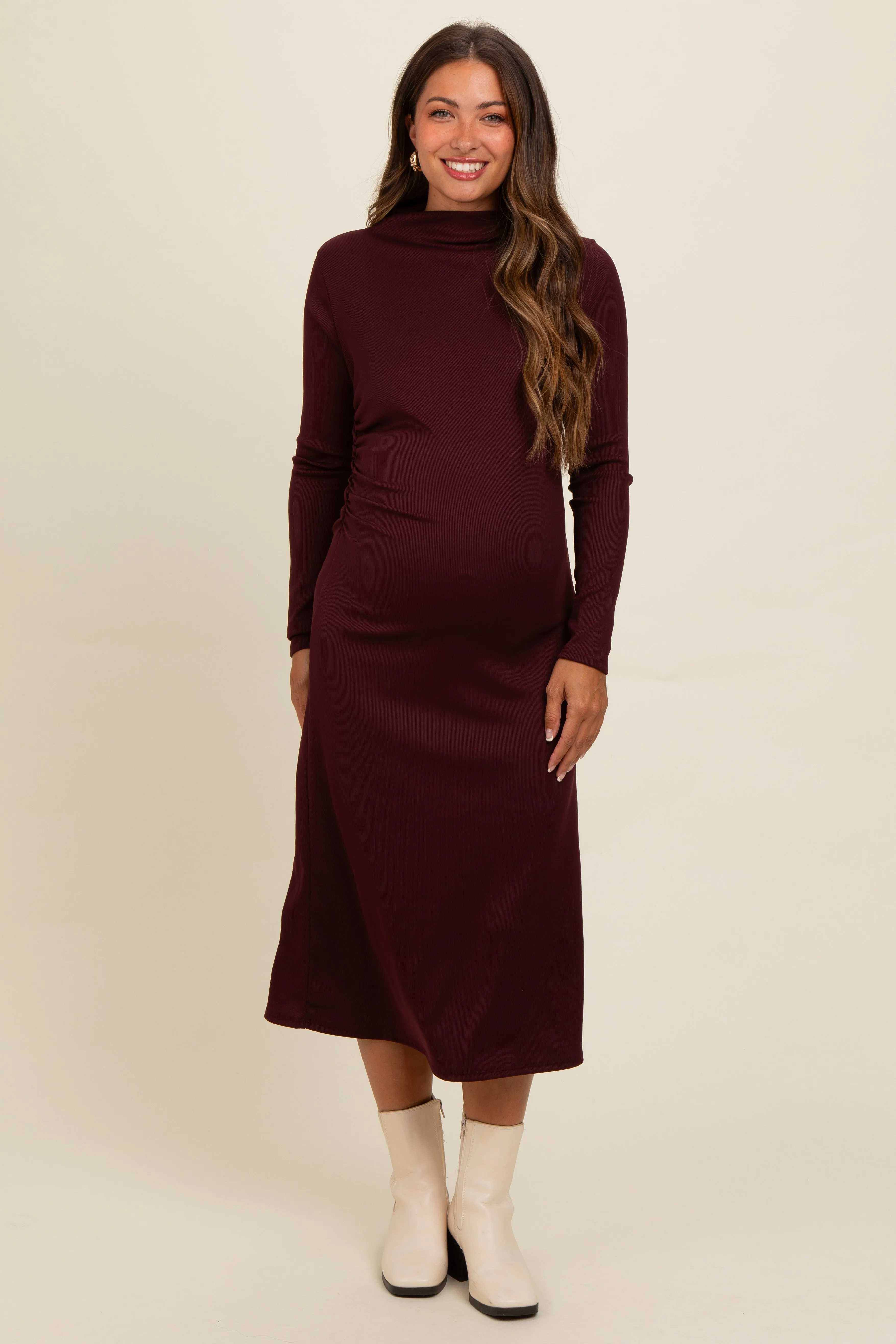 Brown Ruffle Mock Neck Long Sleeve Maternity Midi Dress sold by Pinkblush