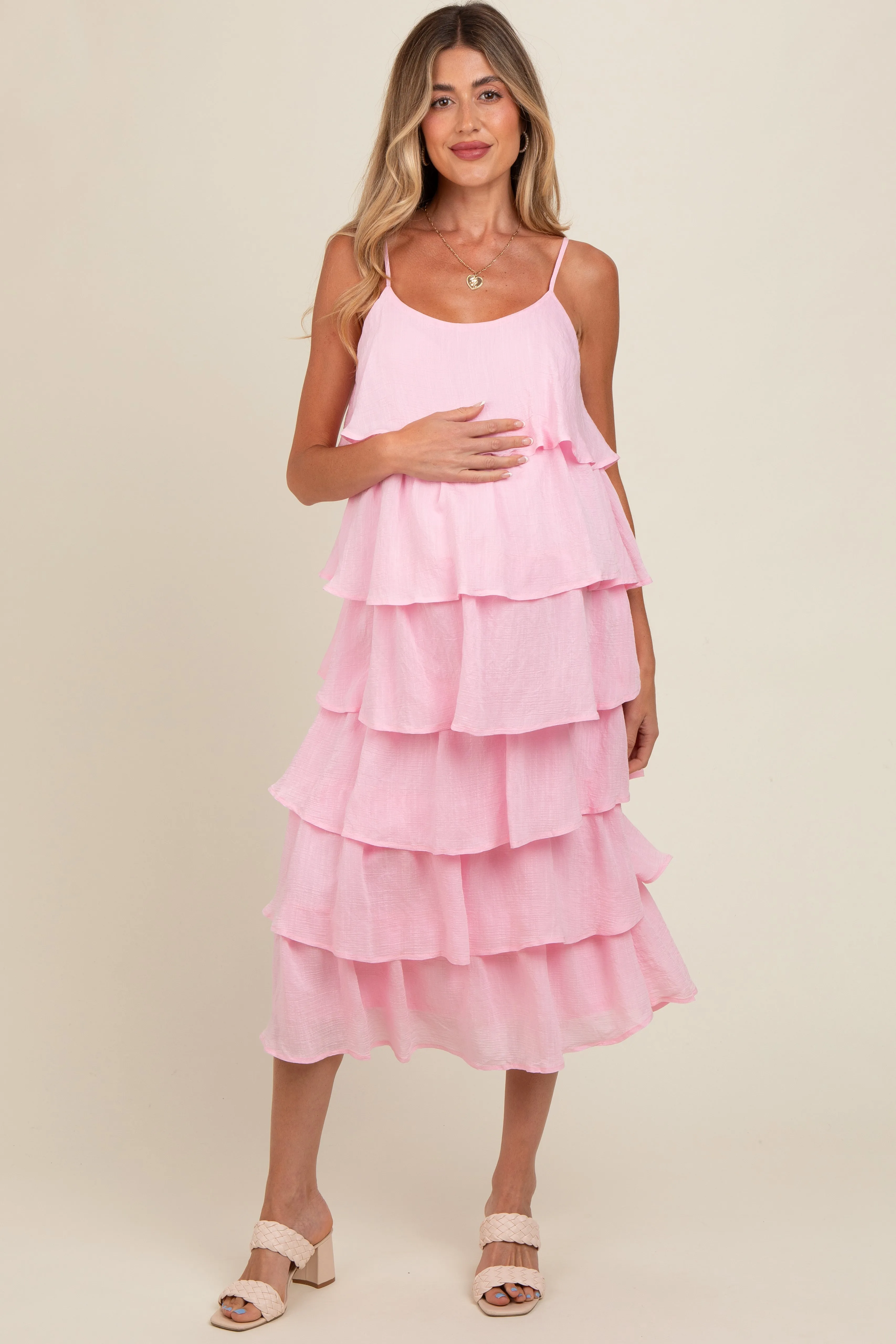 Light Pink Tiered Maternity Midi Dress sold by Pinkblush product image thumbnail 2